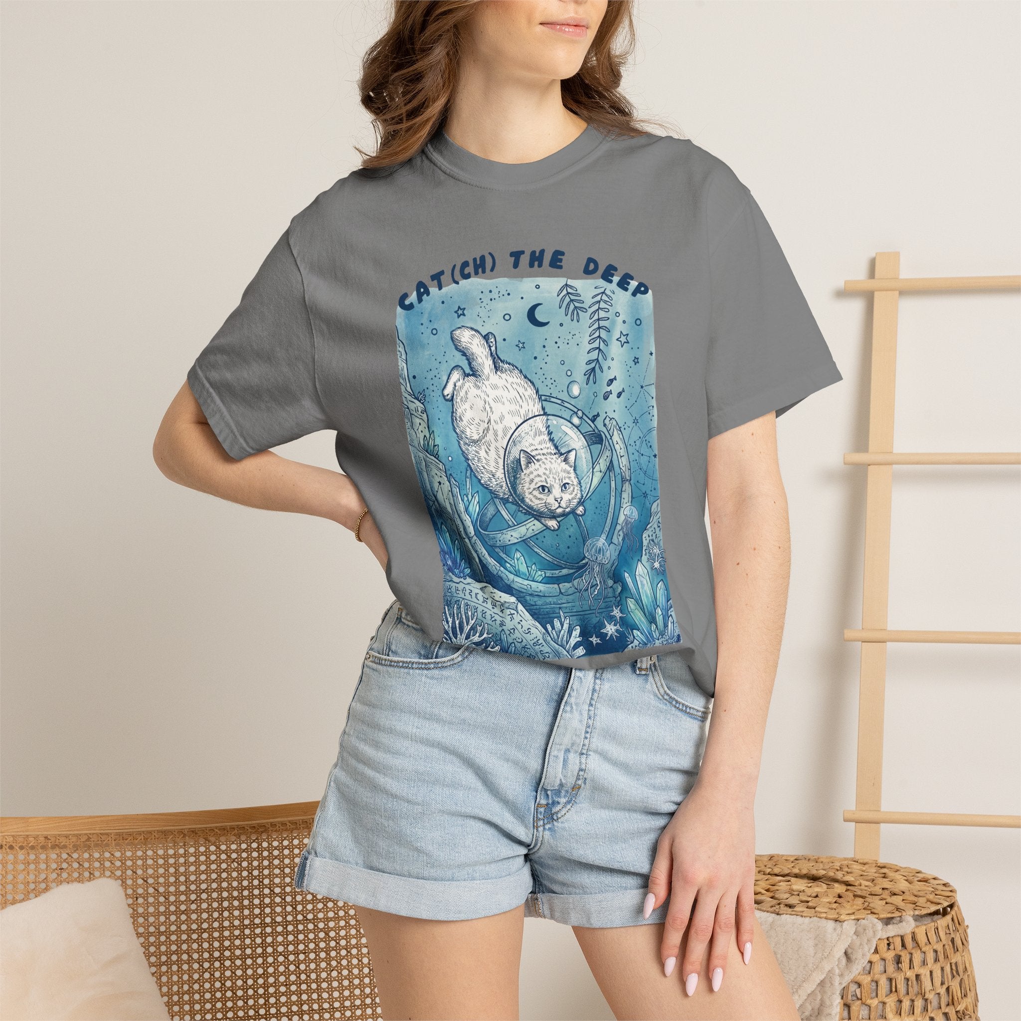 Cat Diver T-Shirt - Deep Sea Cat Explorer Graphic Tee, Ocean Fantasy Shirt for Cat Lovers