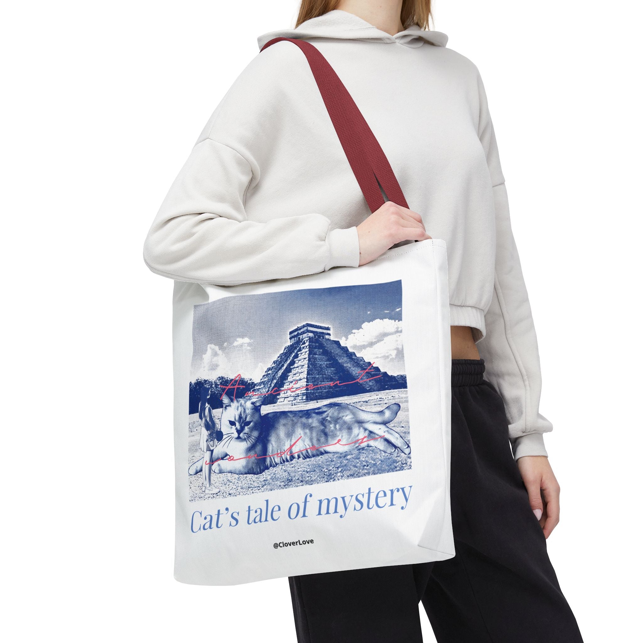 Cat’s Tale of Mystery Travel Tote Bag | Vintage Mexico Pyramid Cat Canvas Tote Bag