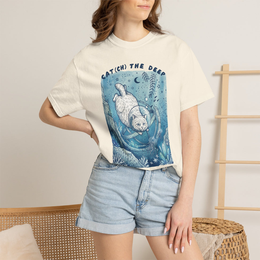 Cat Diver T-Shirt - Deep Sea Cat Explorer Graphic Tee, Ocean Fantasy Shirt for Cat Lovers