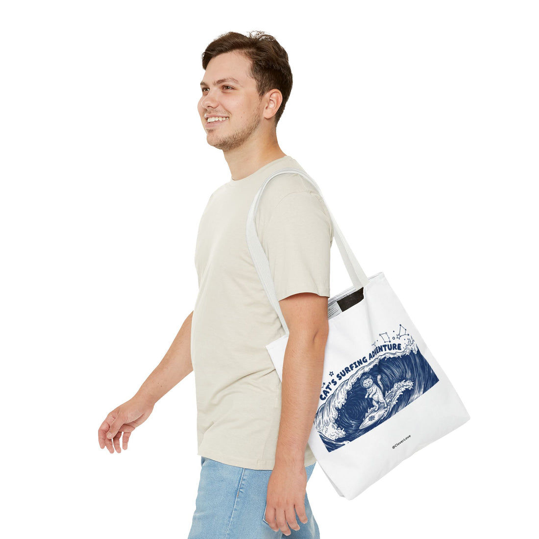 Cat's Surfing Adventure Tote Bag | Vintage Ocean Graphic Canvas Bag