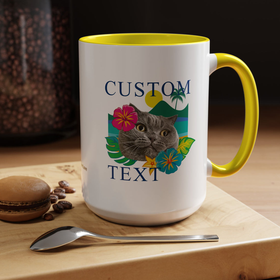 Tropical Summer Cat Mug | Personalized Pet Photo Coffee Cup With Custom Text