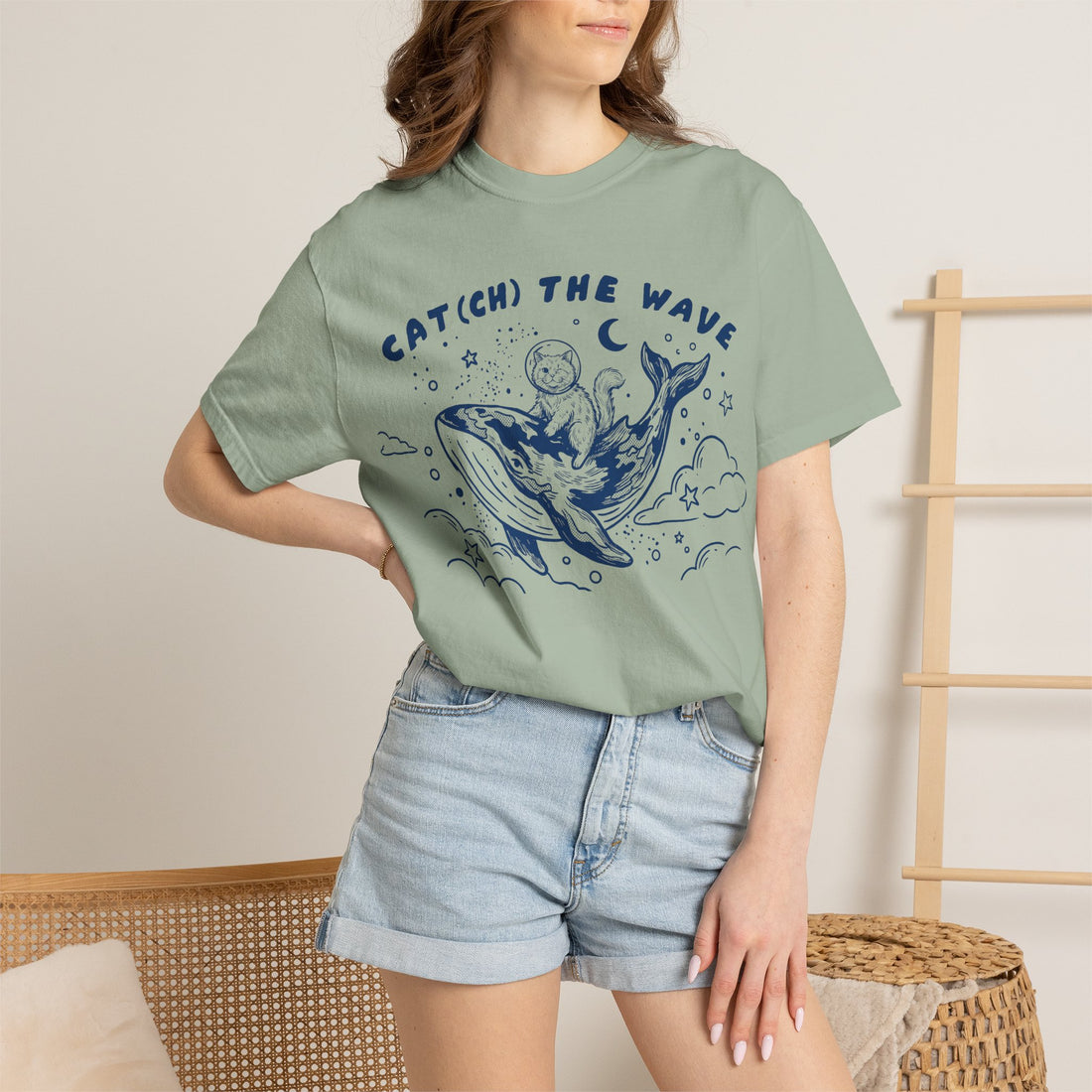 Cat Riding Whale T-Shirt - Cute Ocean Cat Graphic Tee, Fantasy Wave Shirt for Cat Lovers