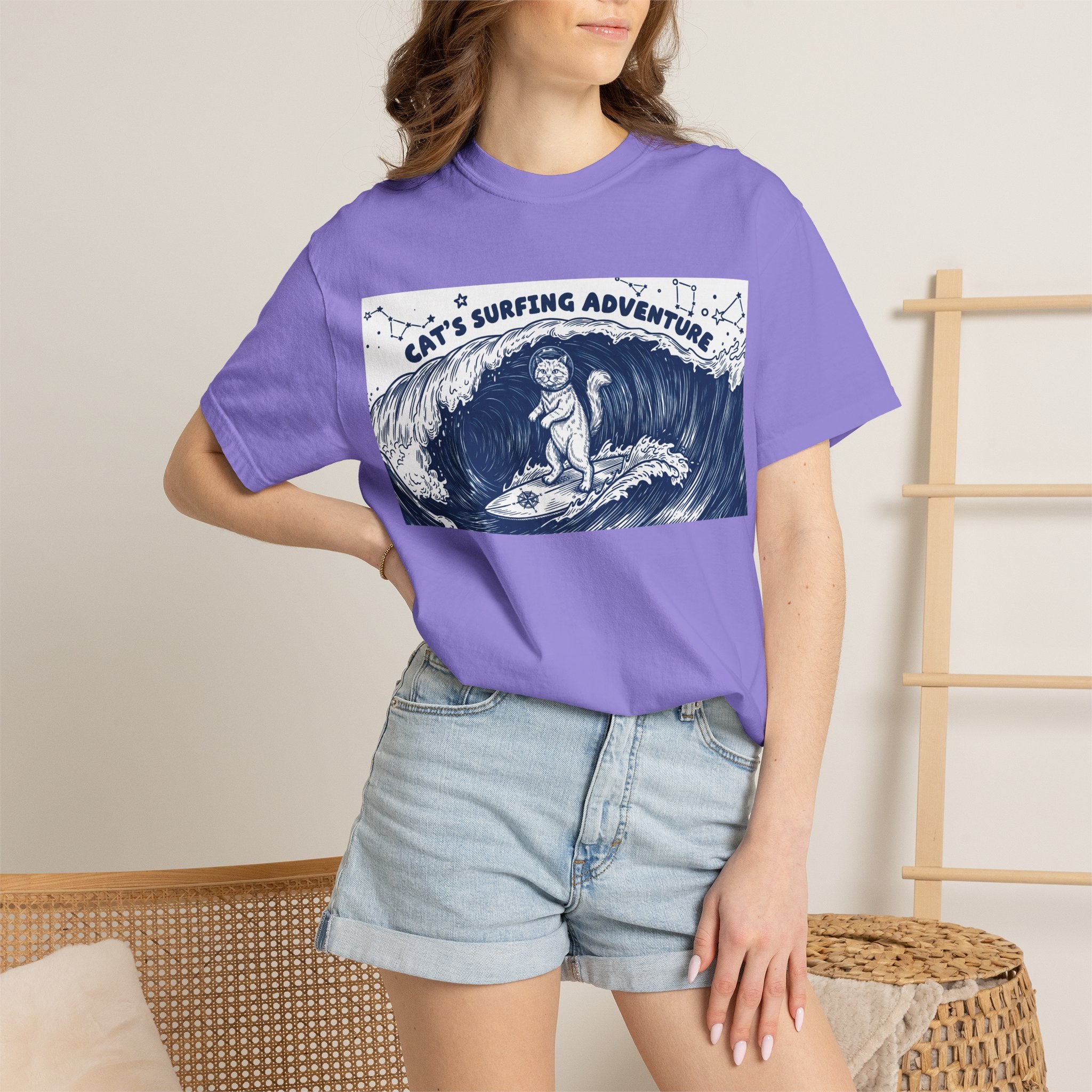 Cat’s Ocean Adventure T-Shirt - Vintage Ocean Wave Graphic Tee for Cat Lovers