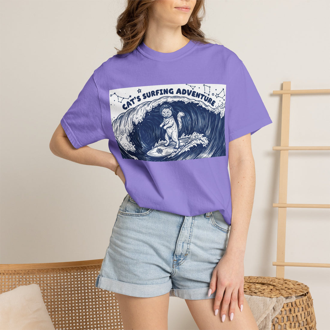 Cat’s Ocean Adventure T-Shirt - Vintage Ocean Wave Graphic Tee for Cat Lovers