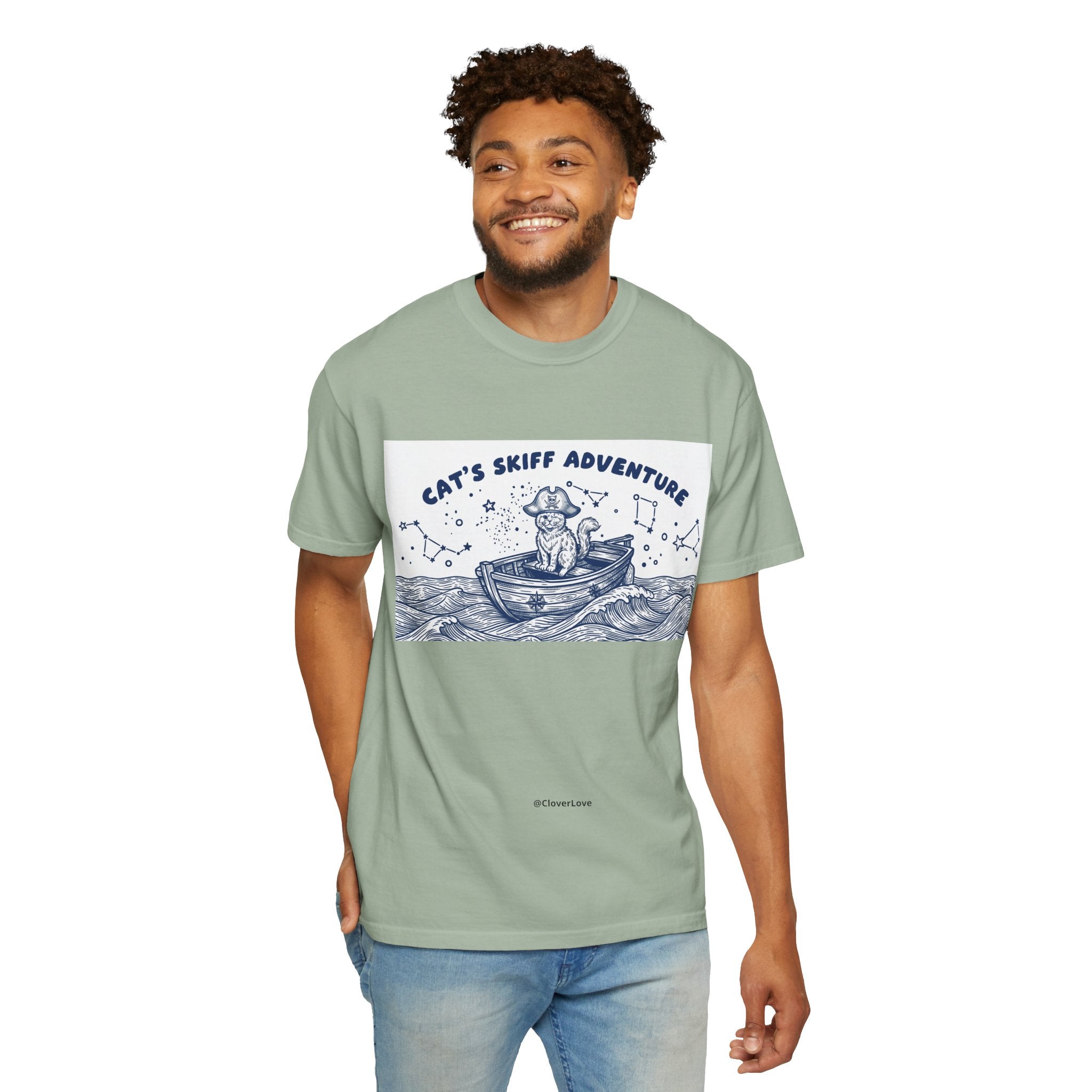 Cat’s Skiff Adventure T-Shirt - Vintage Ocean Boat Graphic Tee for Cat Lovers