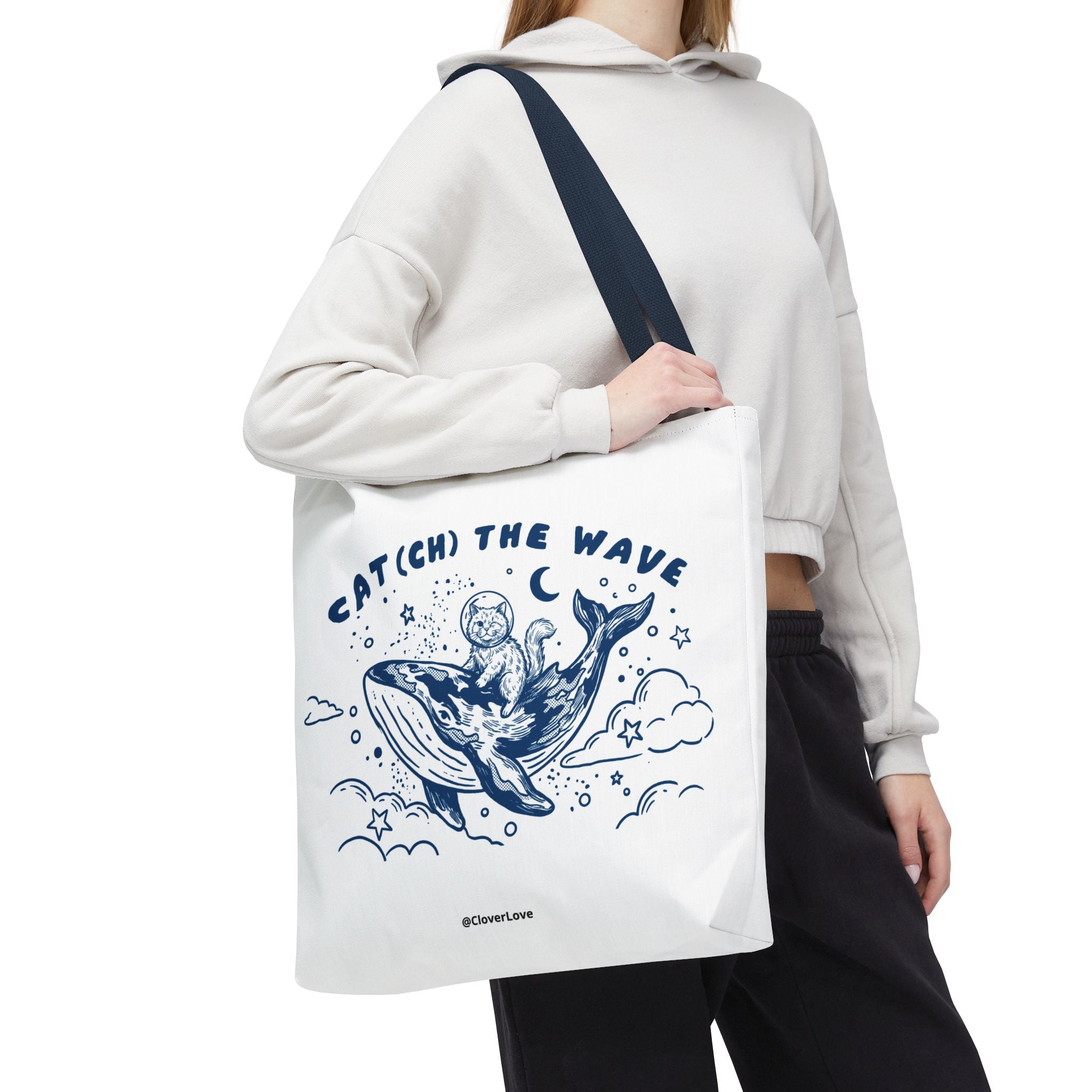 Cat Whale Adventure Tote Bag | Vintage Ocean Graphic Canvas Bag