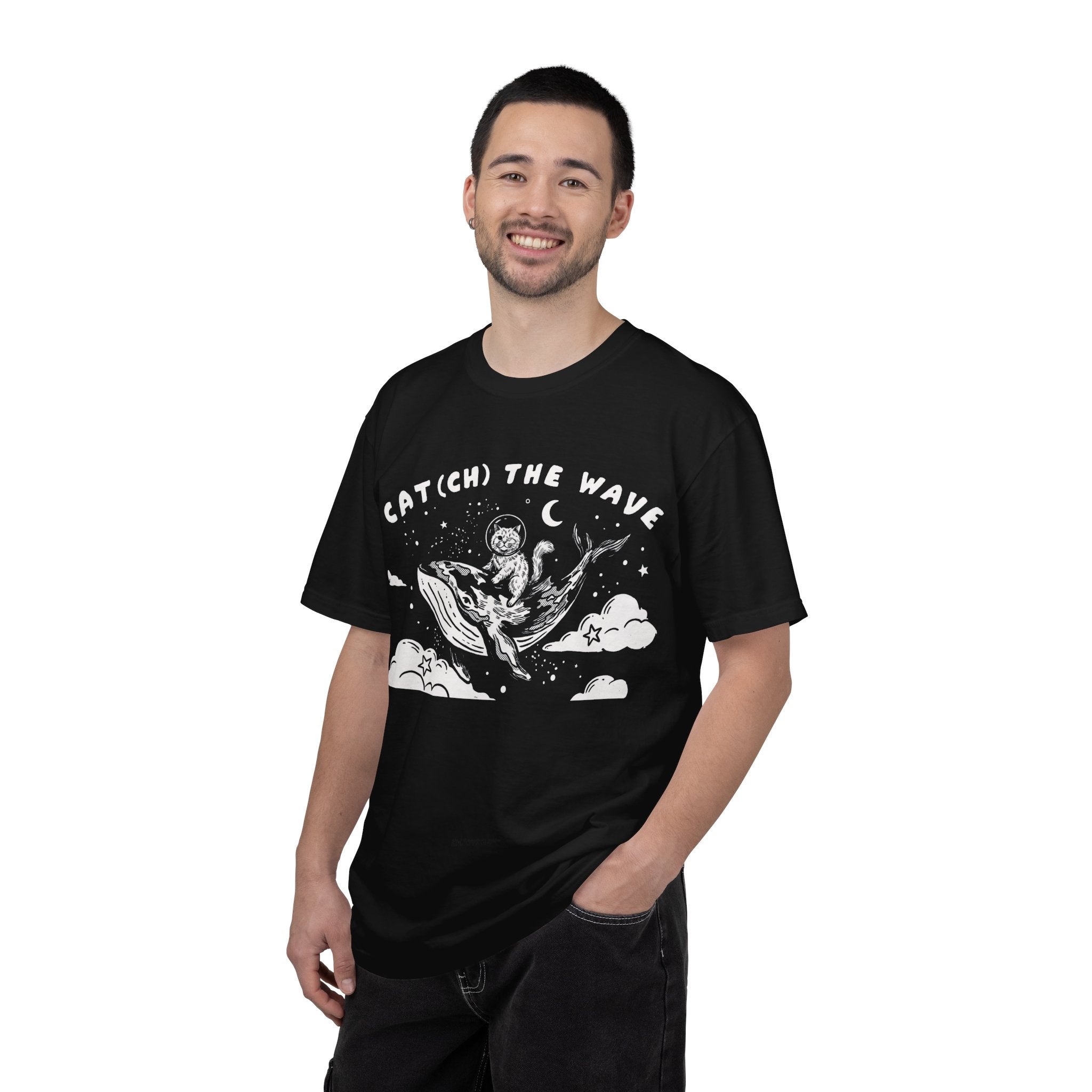 Cat Riding Whale T-Shirt - Fantasy Ocean Adventure Graphic Tee for Cat Lovers