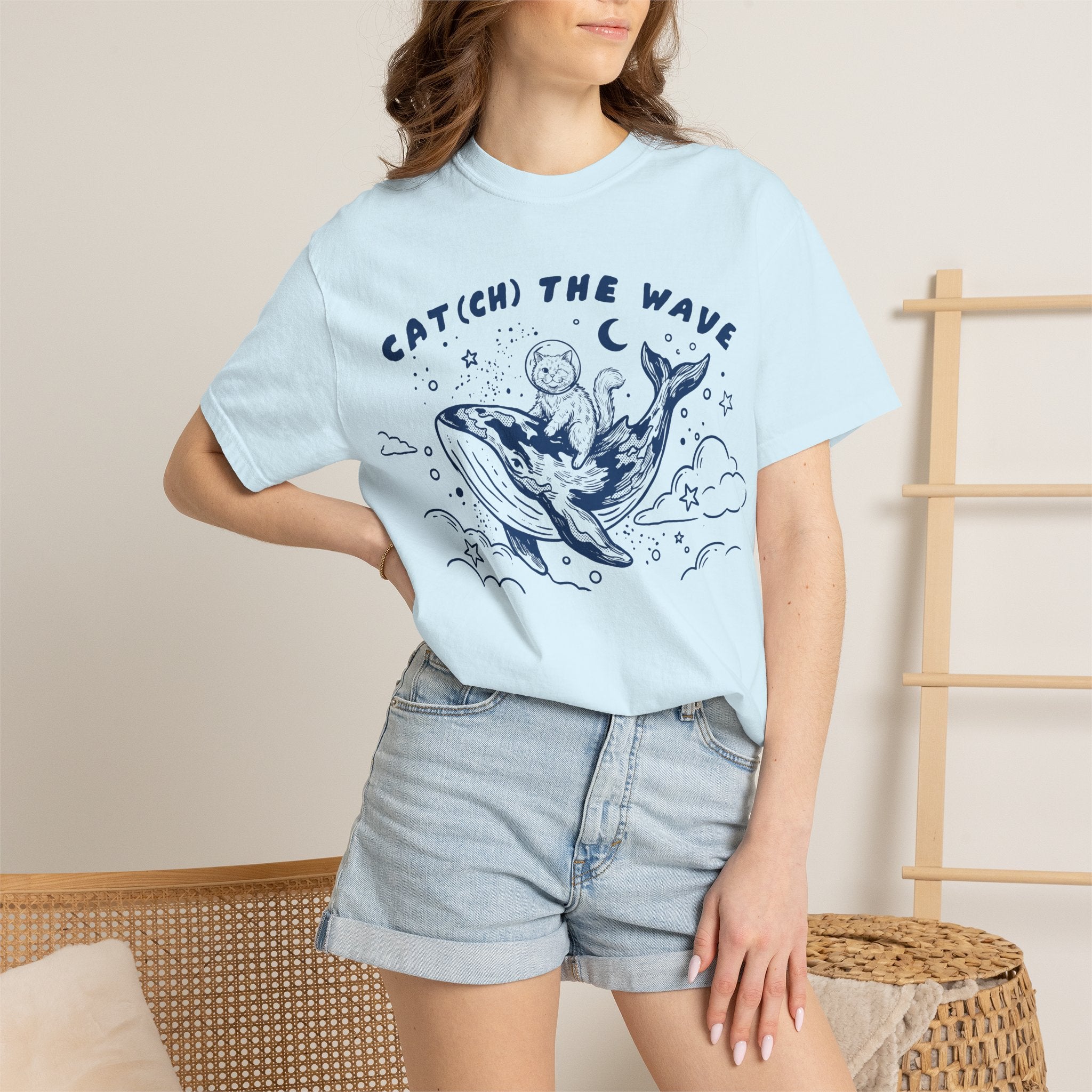 Cat Riding Whale T-Shirt - Cute Ocean Cat Graphic Tee, Fantasy Wave Shirt for Cat Lovers