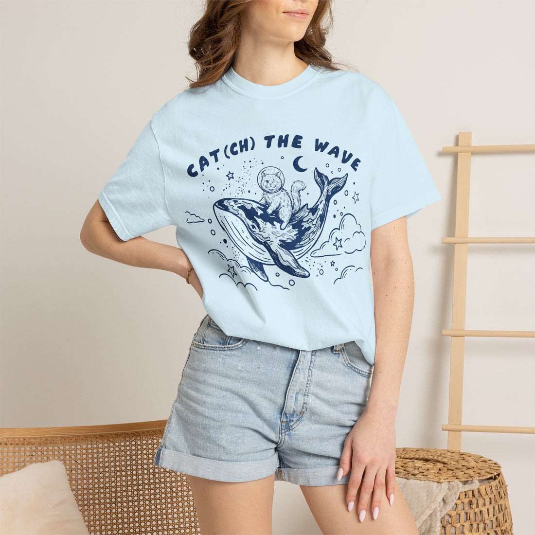 Cat Riding Whale T-Shirt - Cute Ocean Cat Graphic Tee, Fantasy Wave Shirt for Cat Lovers