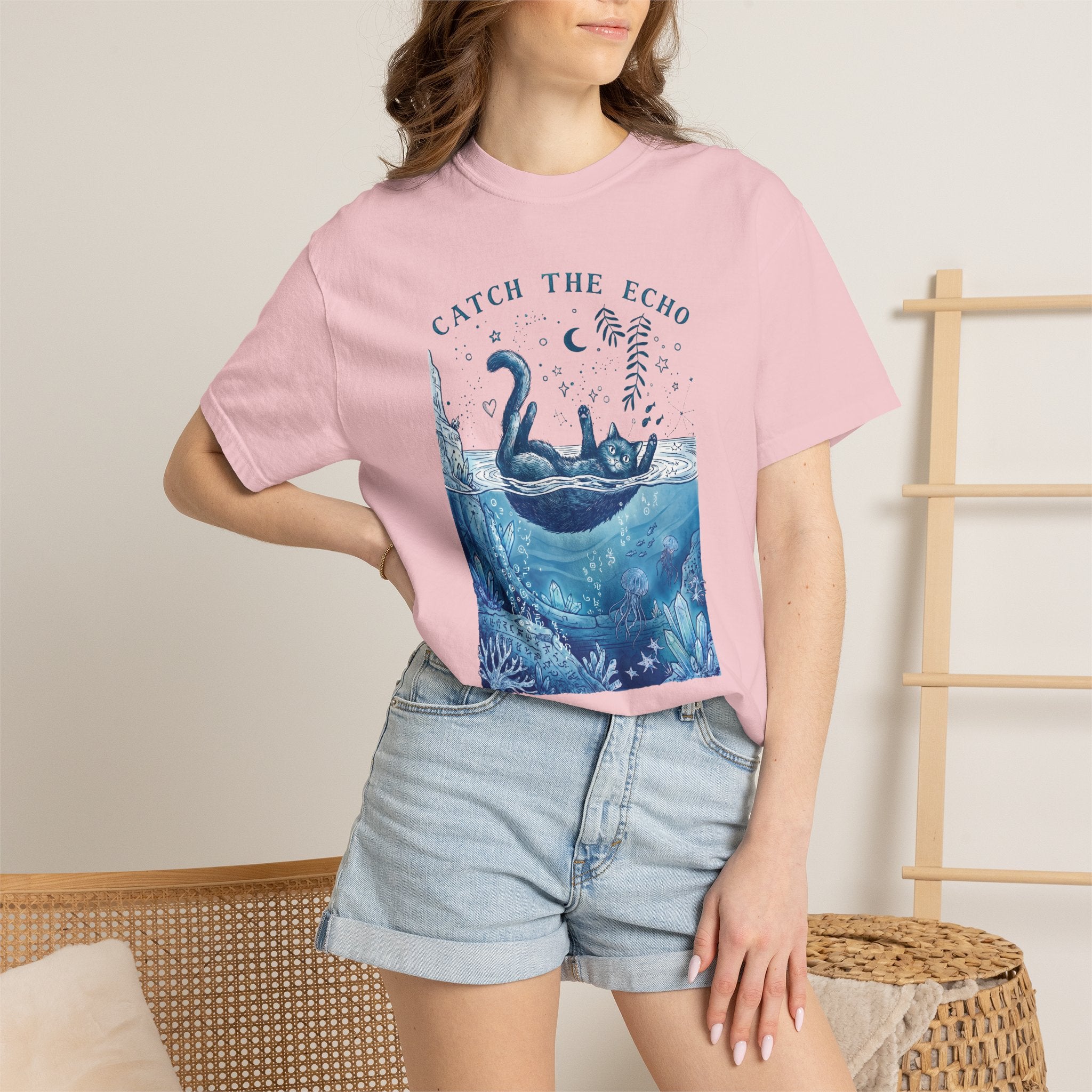 Cat in Ocean Fantasy T-Shirt - Vintage Blue Animal Shirt for Cat Lovers