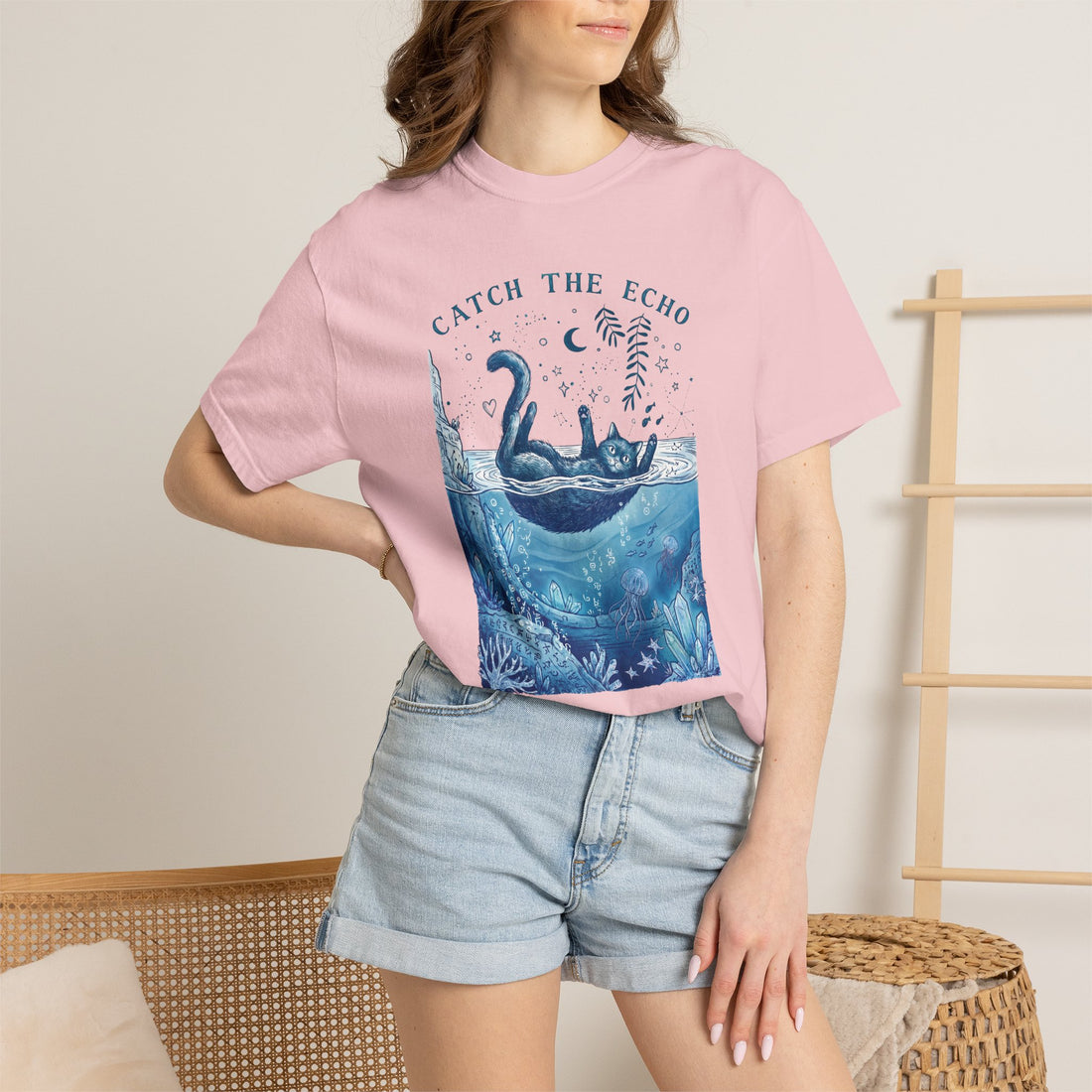 Cat in Ocean Fantasy T-Shirt - Vintage Blue Animal Shirt for Cat Lovers