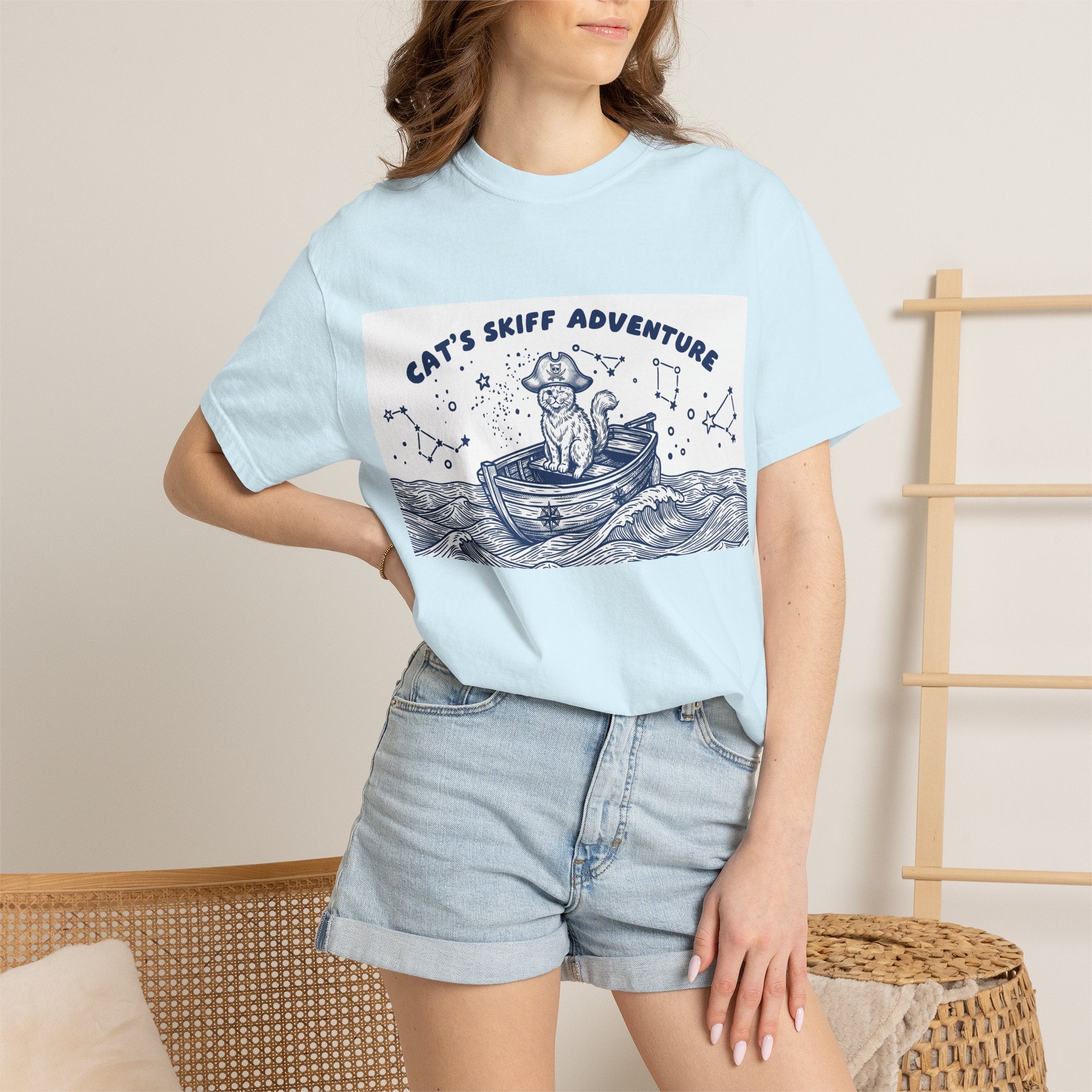 Cat’s Skiff Adventure T-Shirt - Vintage Ocean Boat Graphic Tee for Cat Lovers