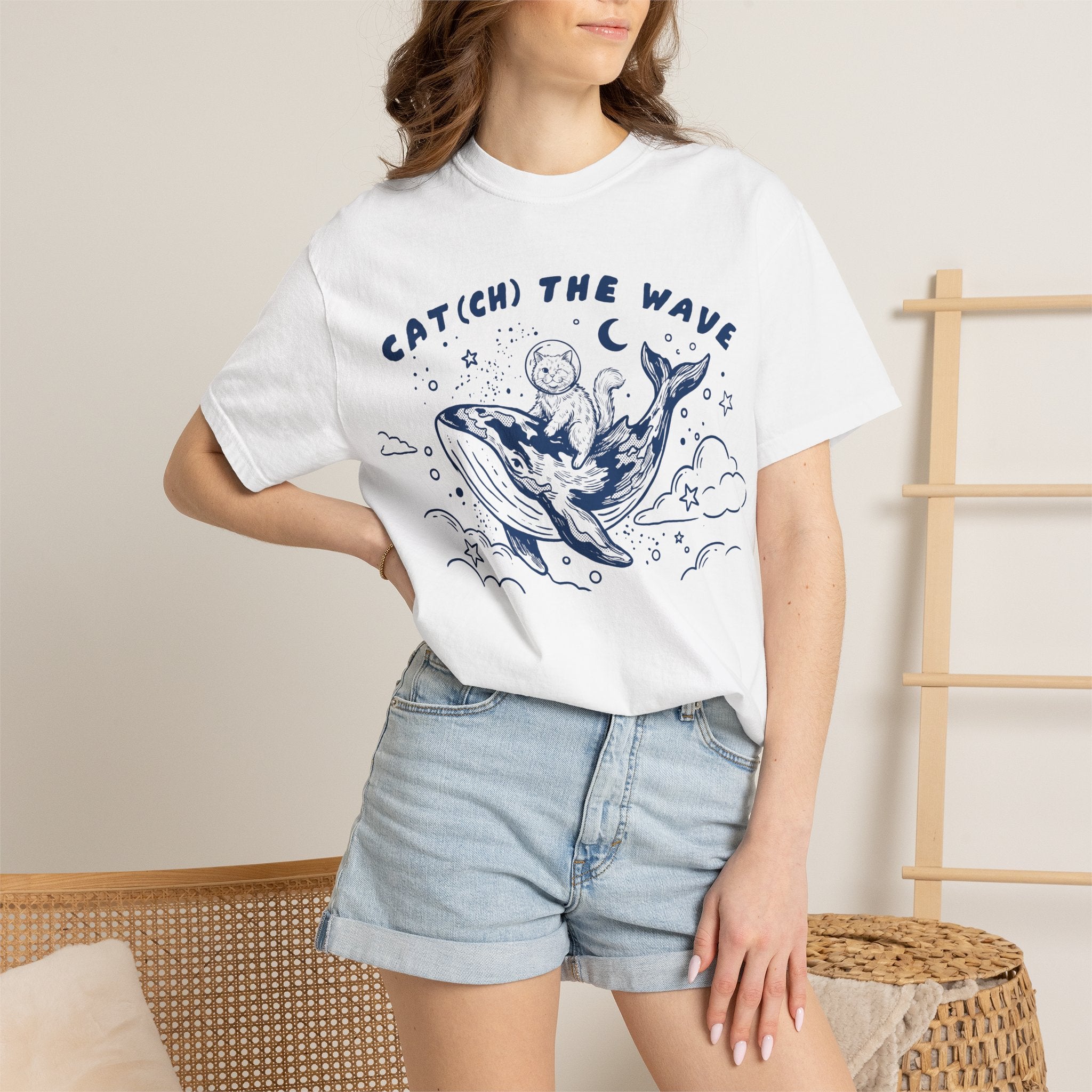 Cat Riding Whale T-Shirt - Cute Ocean Cat Graphic Tee, Fantasy Wave Shirt for Cat Lovers
