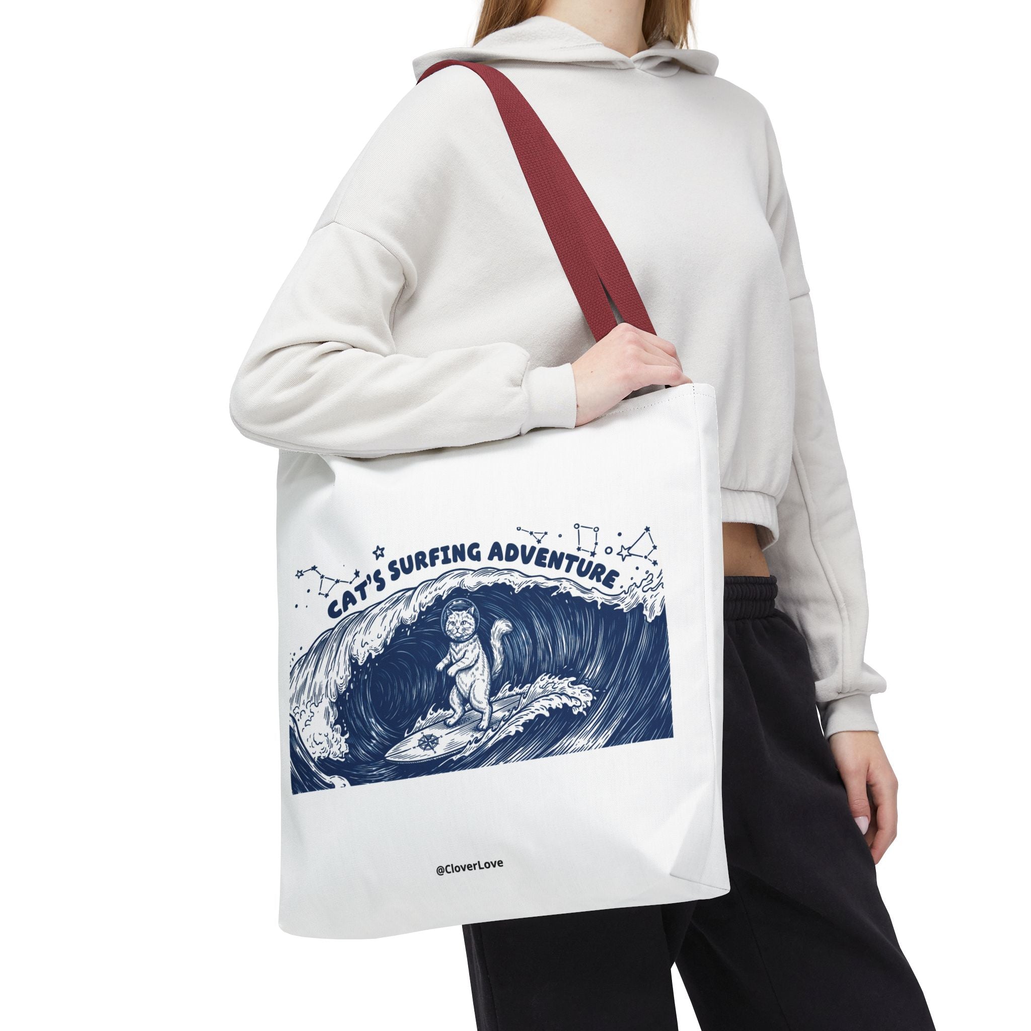 Cat's Surfing Adventure Tote Bag | Vintage Ocean Graphic Canvas Bag