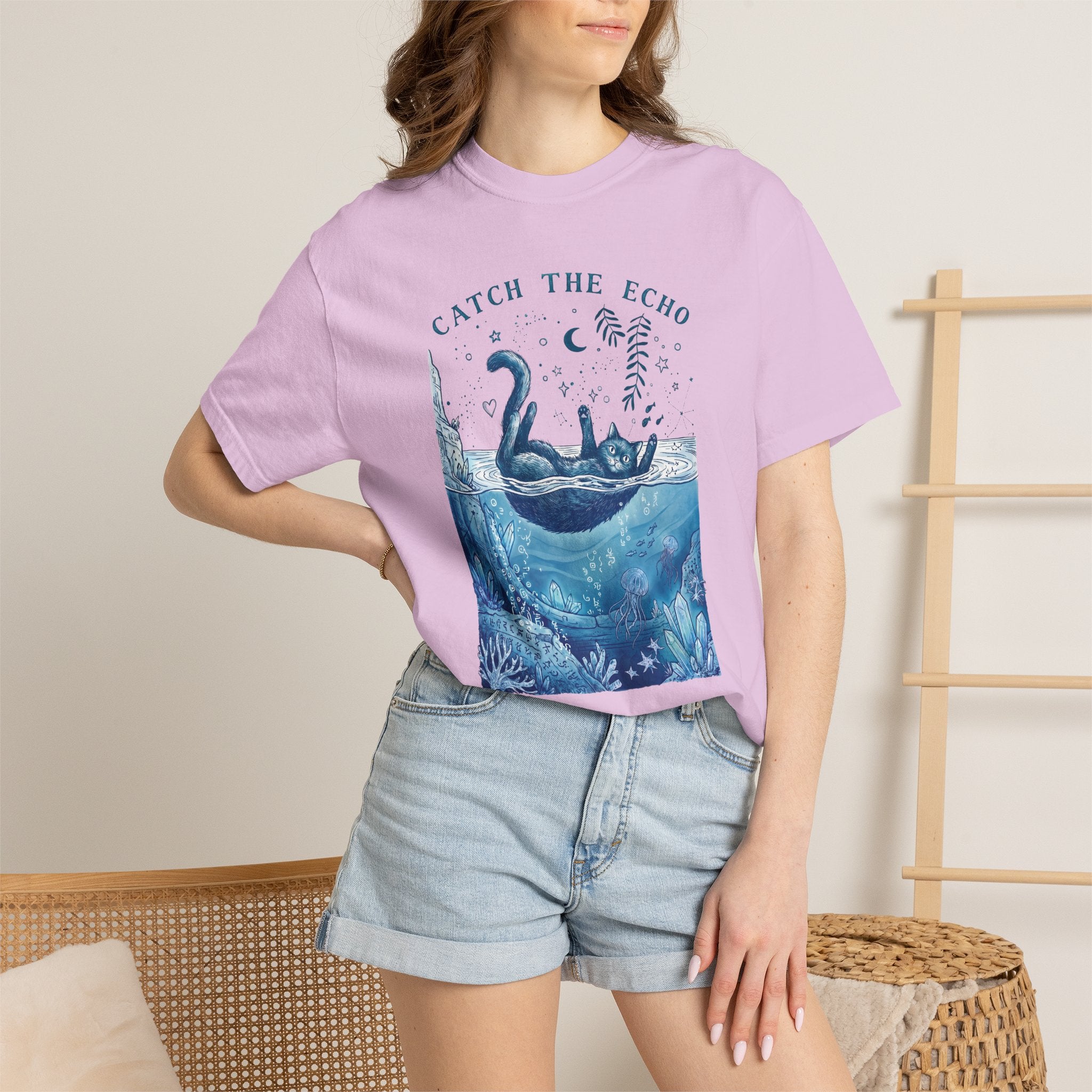 Cat in Ocean Fantasy T-Shirt - Vintage Blue Animal Shirt for Cat Lovers