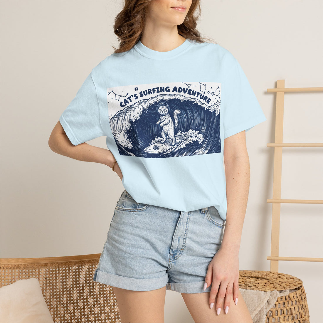Cat’s Ocean Adventure T-Shirt - Vintage Ocean Wave Graphic Tee for Cat Lovers