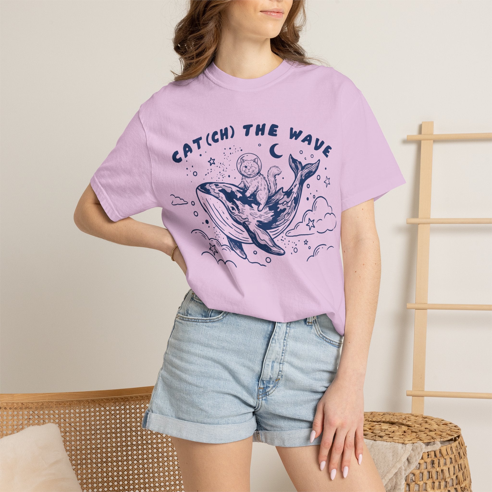 Cat Riding Whale T-Shirt - Cute Ocean Cat Graphic Tee, Fantasy Wave Shirt for Cat Lovers