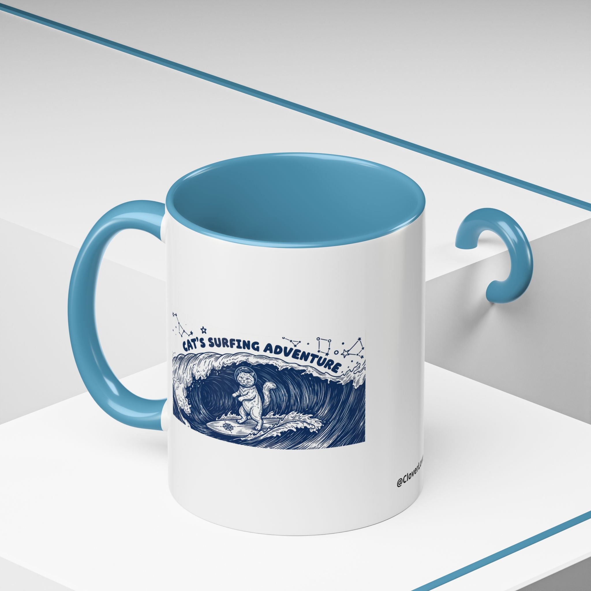 Cat's Surfing Adventure Ocean Wave Mug - Cute Cat Lover Coffee Cup