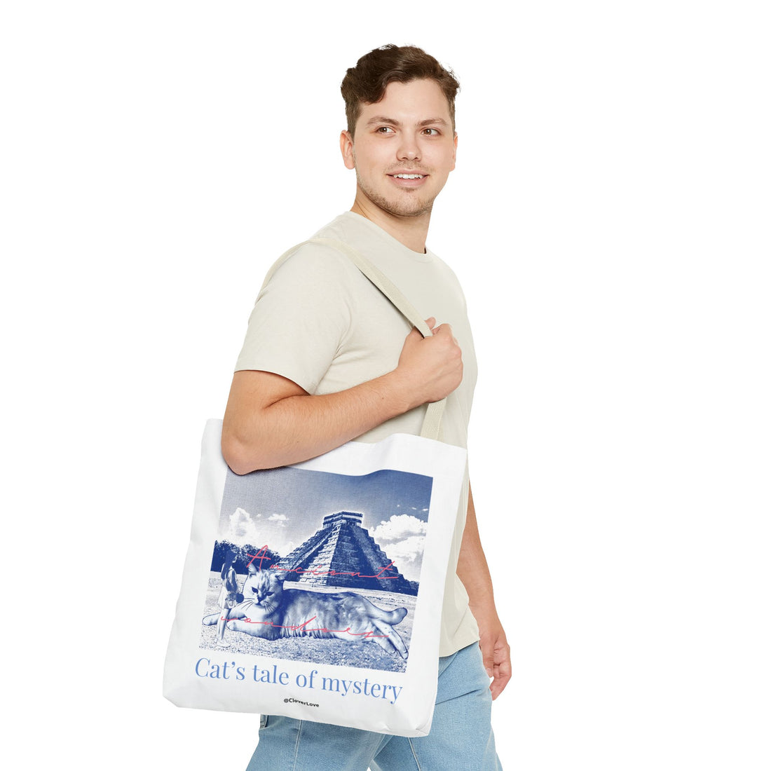 Cat’s Tale of Mystery Travel Tote Bag | Vintage Mexico Pyramid Cat Canvas Tote Bag