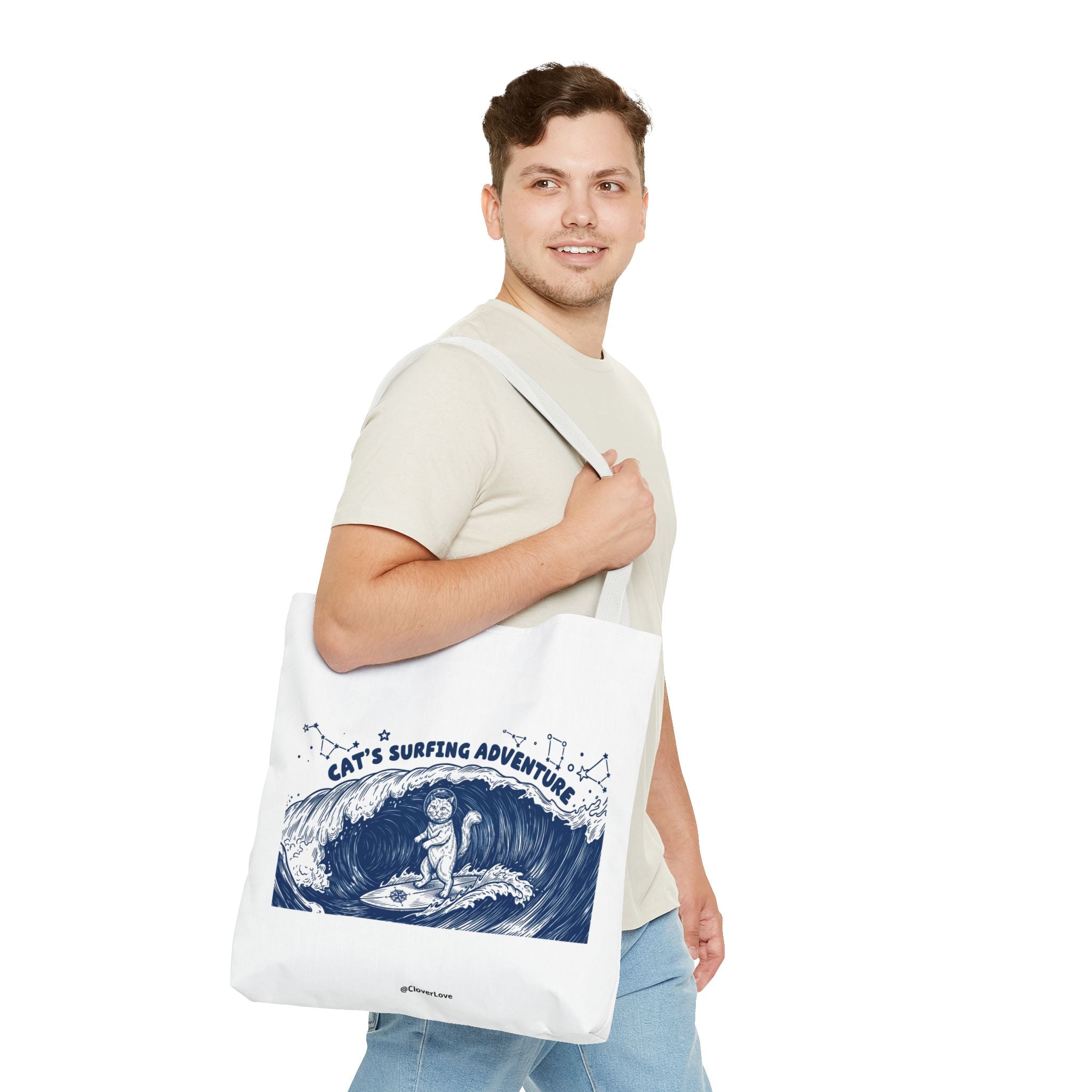 Cat's Surfing Adventure Tote Bag | Vintage Ocean Graphic Canvas Bag