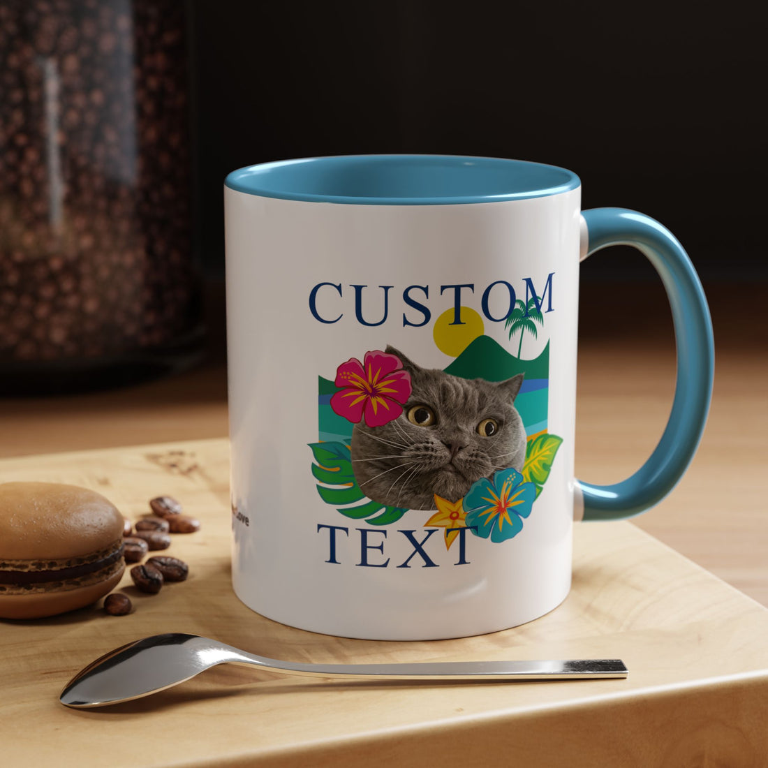 Tropical Summer Cat Mug | Personalized Pet Photo Coffee Cup With Custom Text