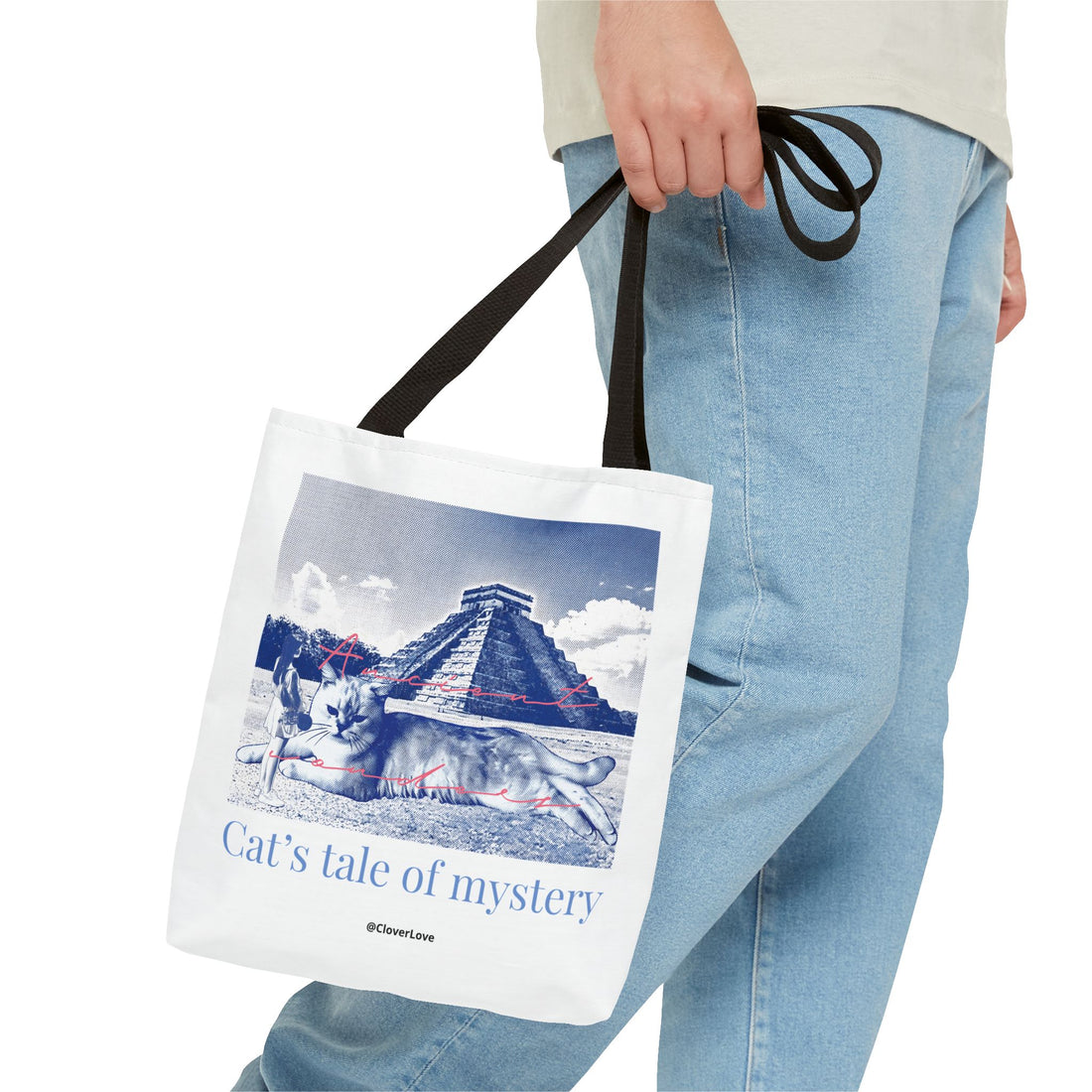Cat’s Tale of Mystery Travel Tote Bag | Vintage Mexico Pyramid Cat Canvas Tote Bag