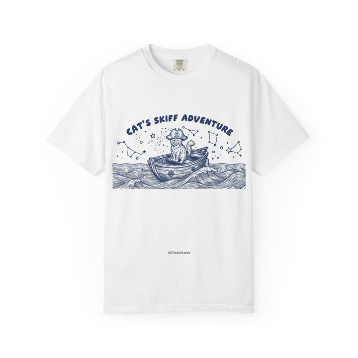 Cat’s Skiff Adventure T-Shirt - Vintage Ocean Boat Graphic Tee for Cat Lovers