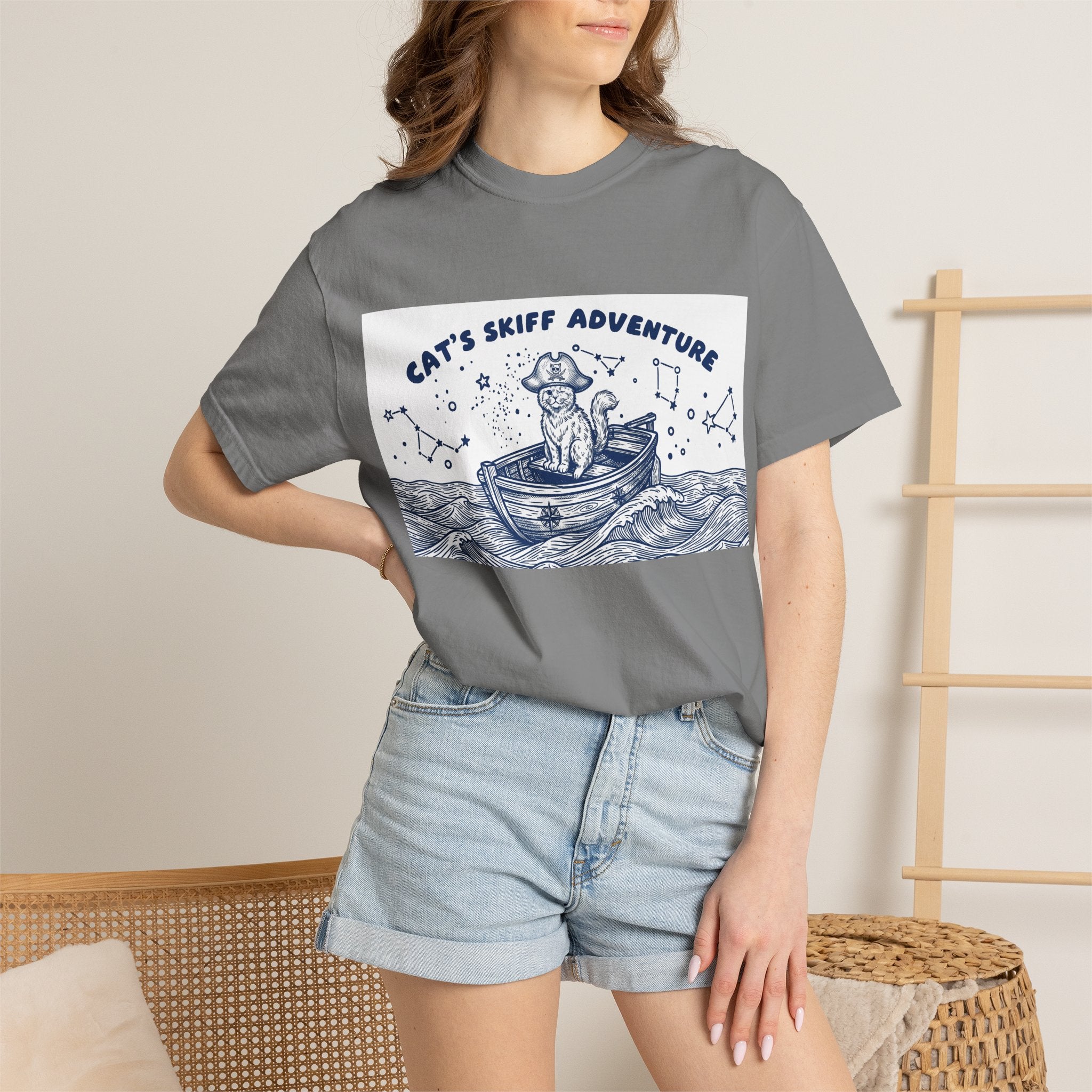 Cat’s Skiff Adventure T-Shirt - Vintage Ocean Boat Graphic Tee for Cat Lovers