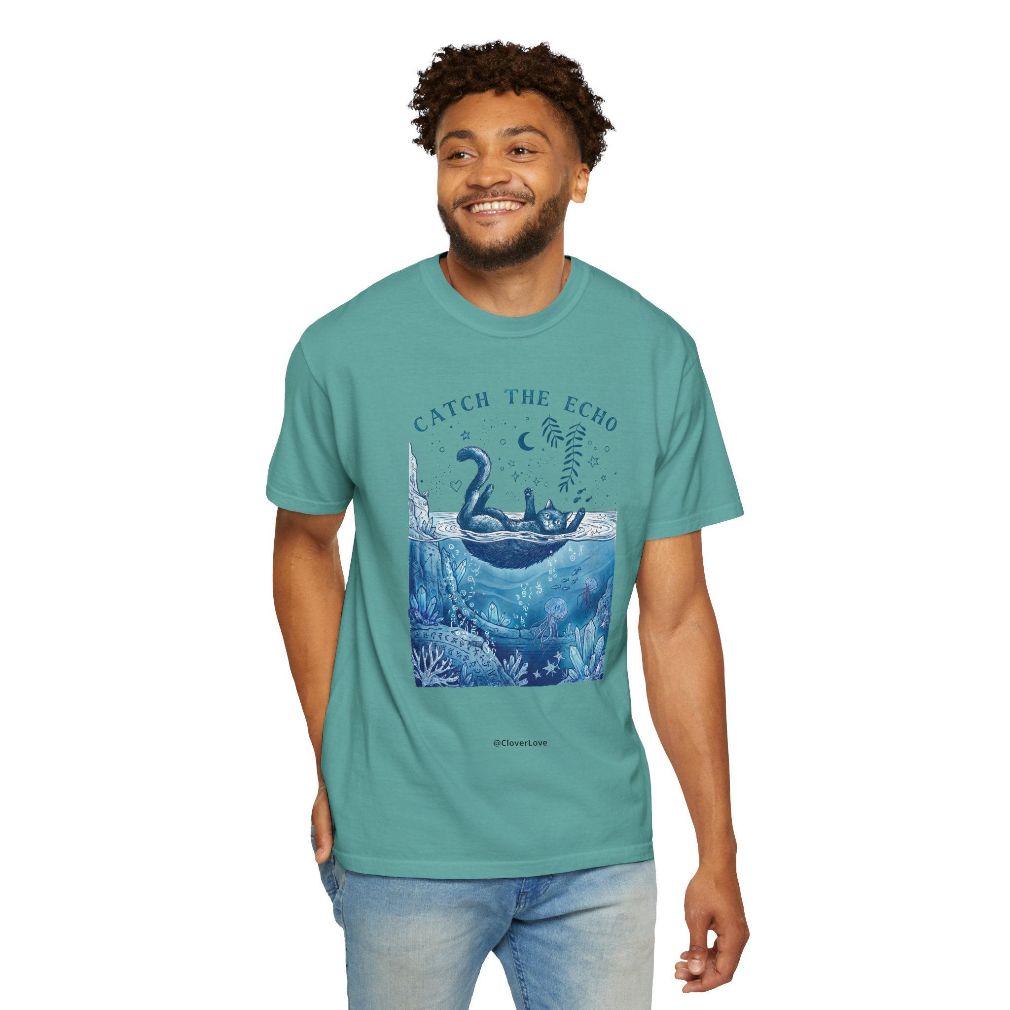 Cat in Ocean Fantasy T-Shirt - Vintage Blue Animal Shirt for Cat Lovers