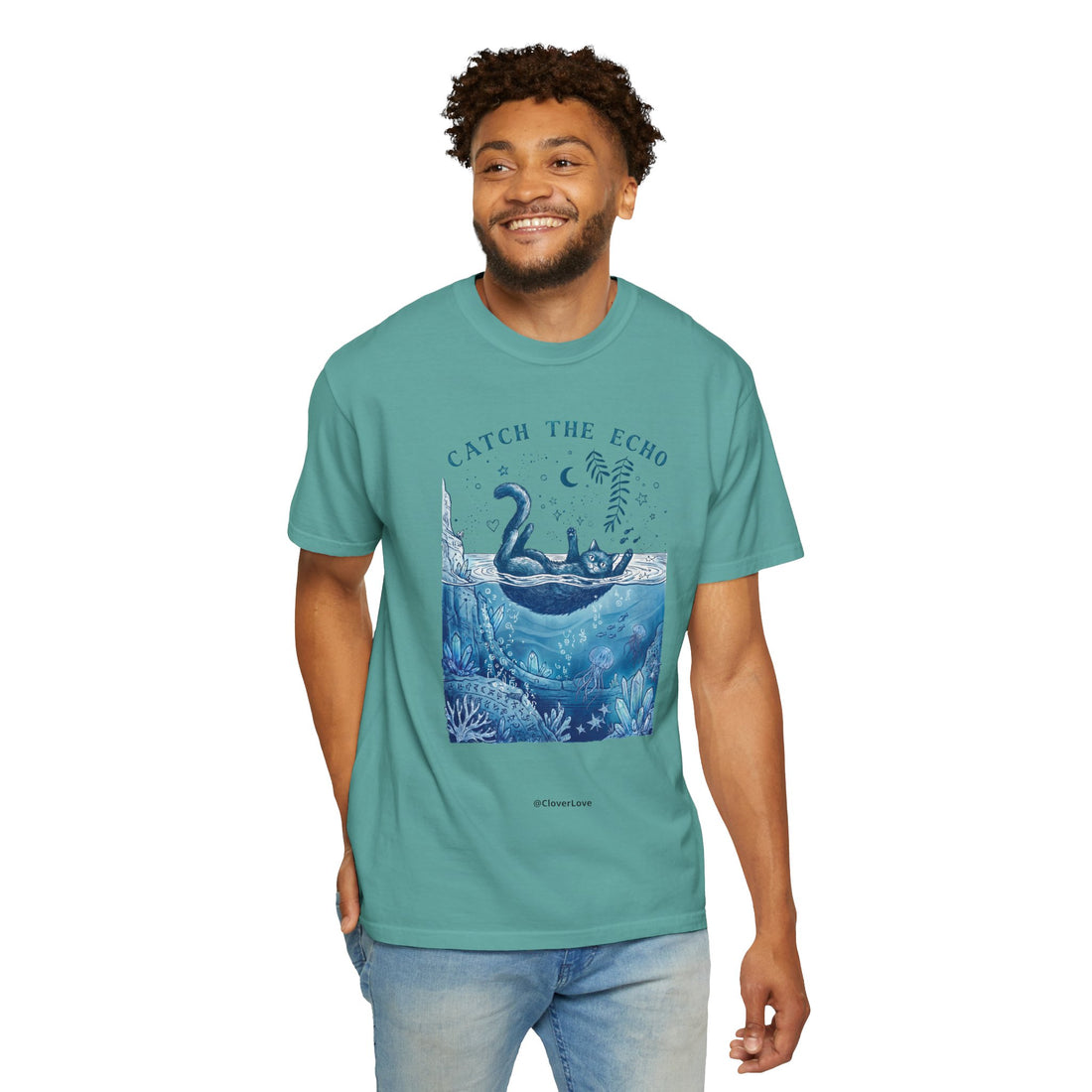 Cat in Ocean Fantasy T-Shirt - Vintage Blue Animal Shirt for Cat Lovers
