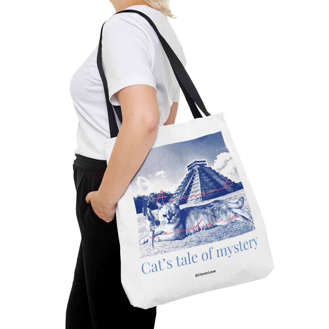 Cat’s Tale of Mystery Travel Tote Bag | Vintage Mexico Pyramid Cat Canvas Tote Bag