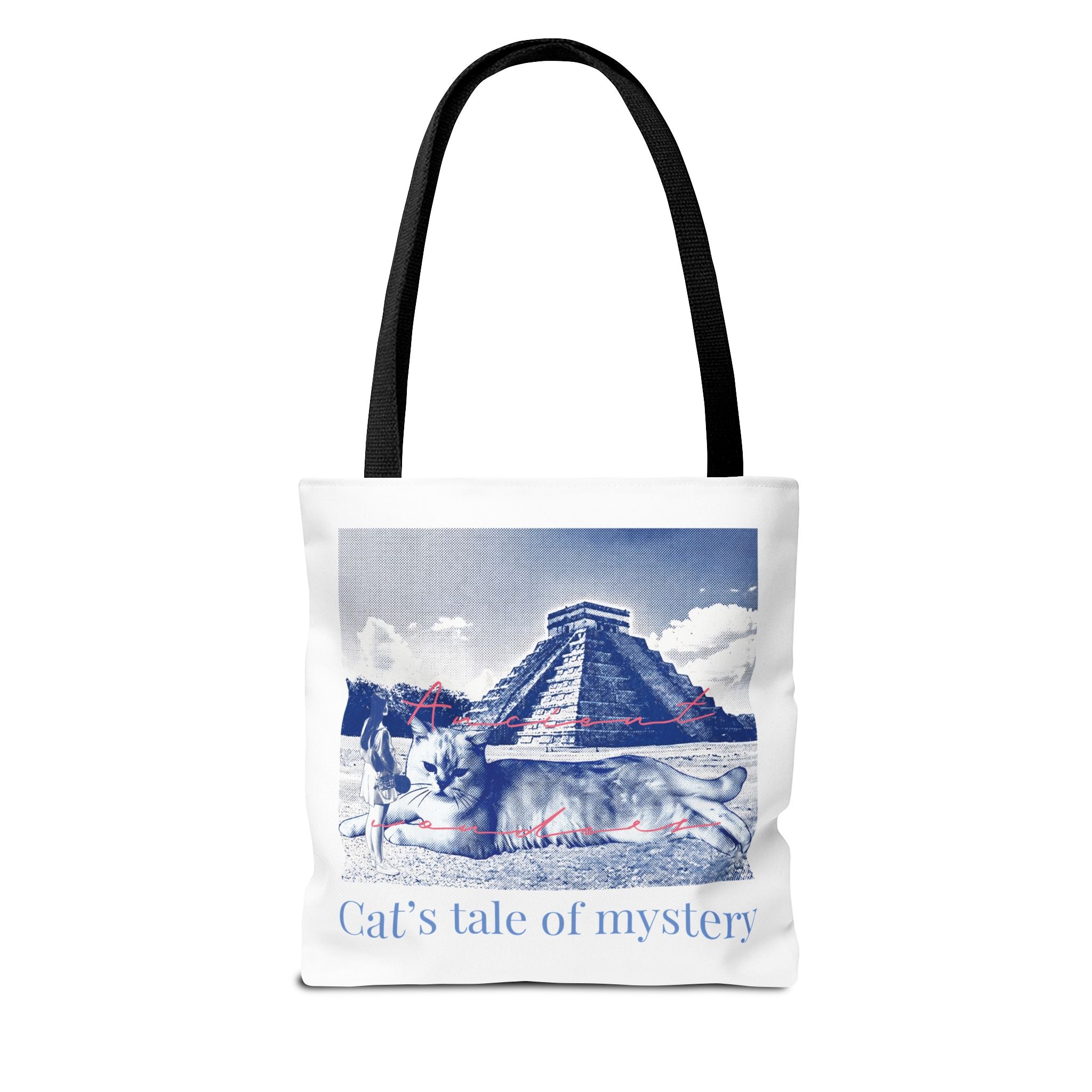 Cat’s Tale of Mystery Travel Tote Bag | Vintage Mexico Pyramid Cat Canvas Tote Bag