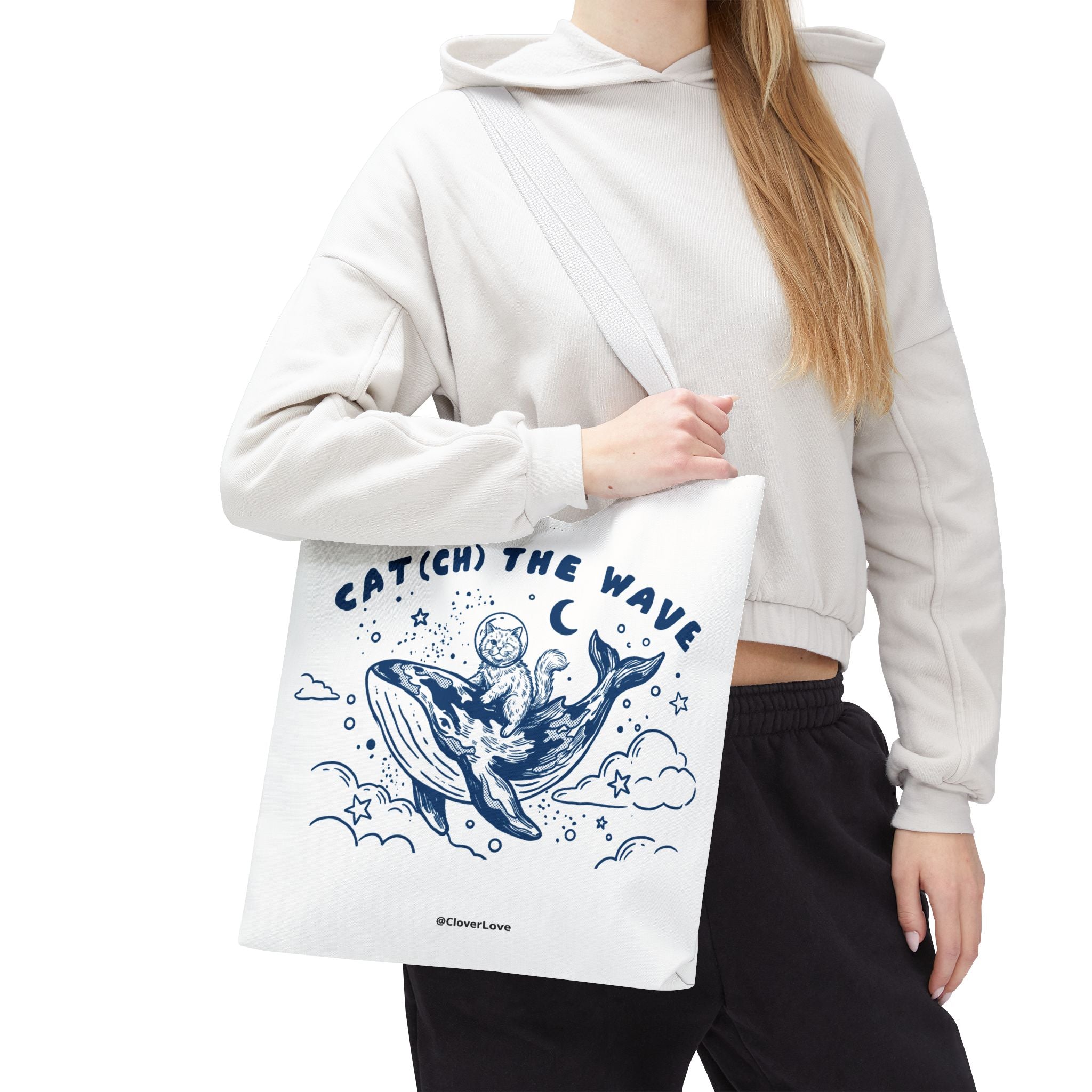 Cat Whale Adventure Tote Bag | Vintage Ocean Graphic Canvas Bag