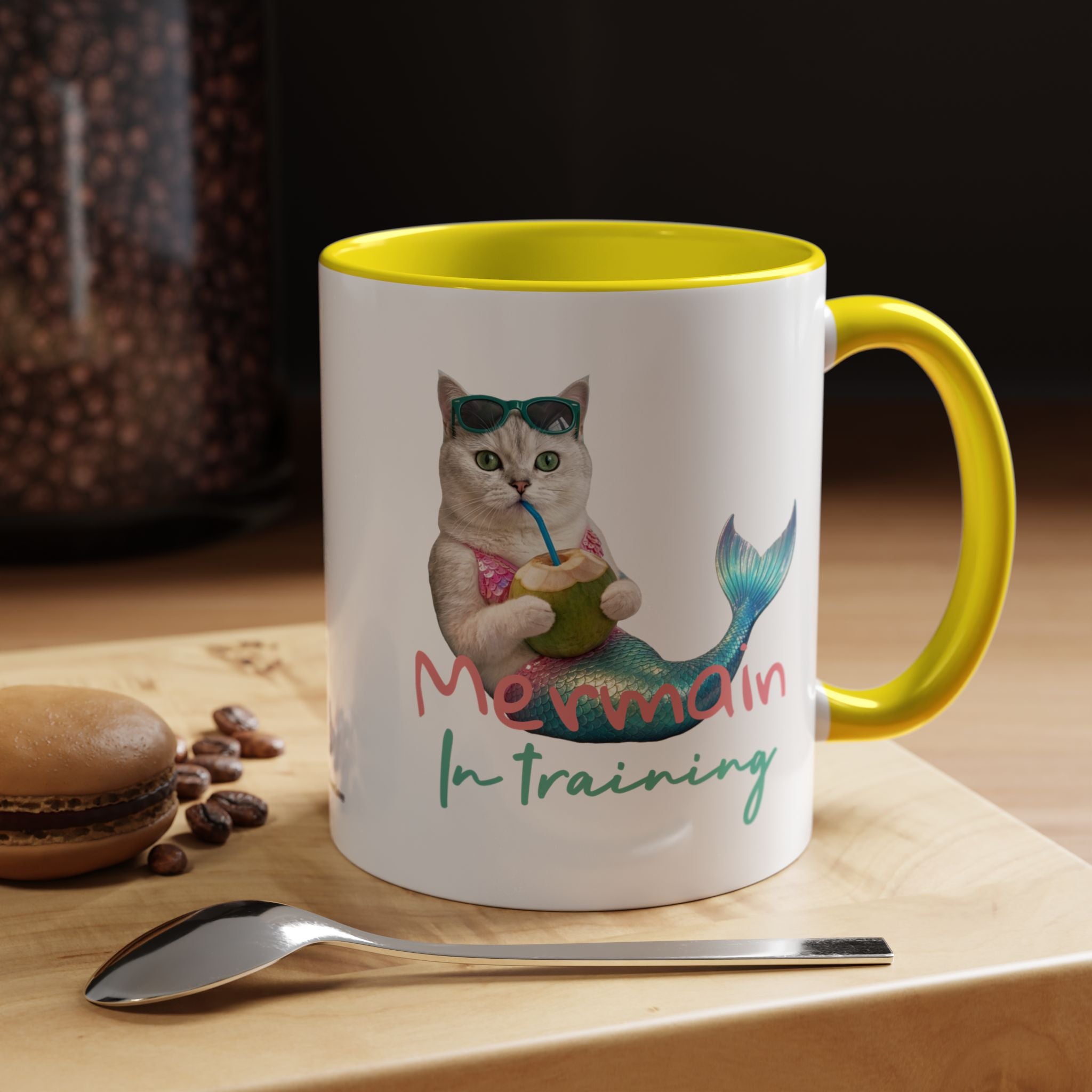 Meerjungfrauenkatze Sommer Tasse | Personalisierte Katzenkaffeetasse mit individuellem Text