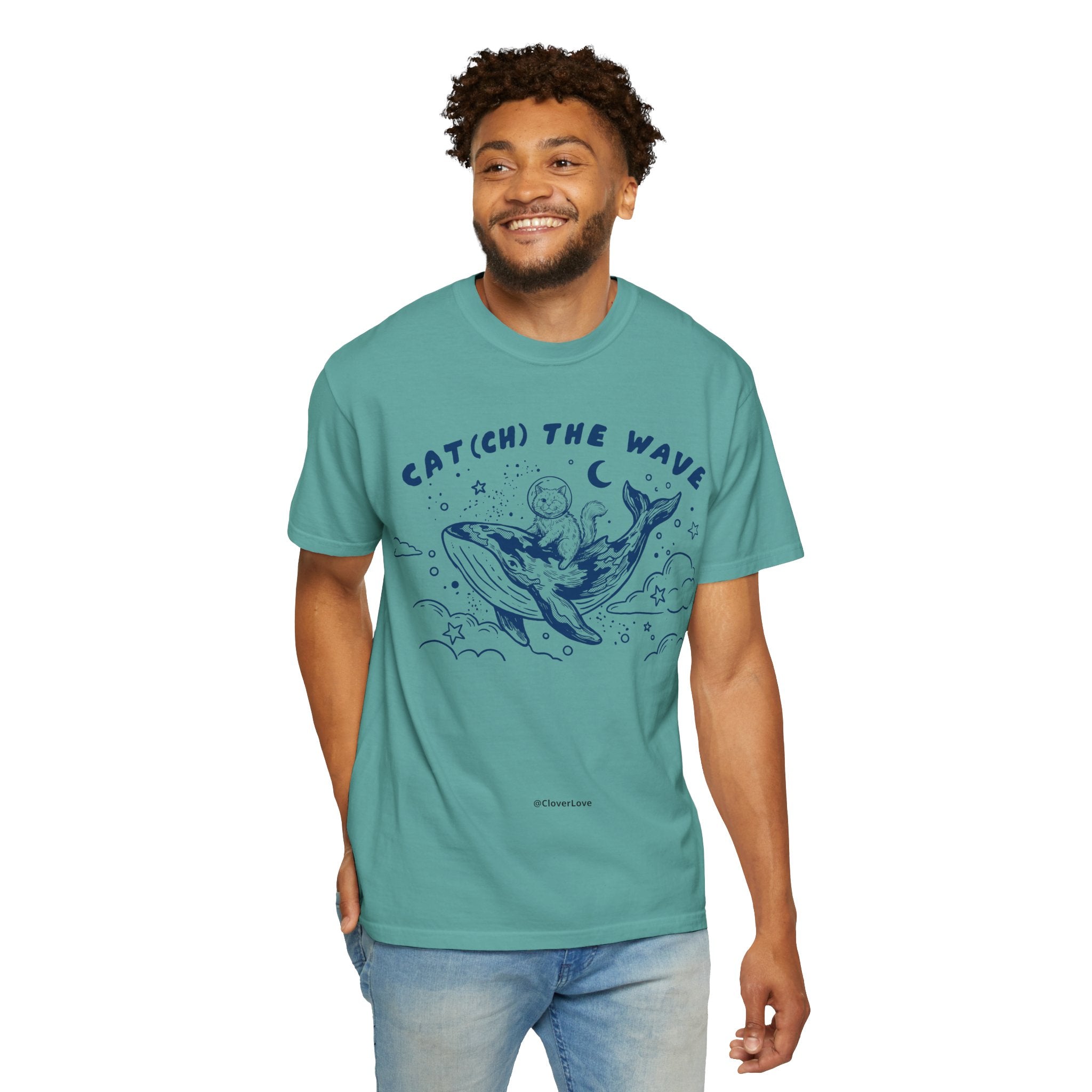 Cat Riding Whale T-Shirt - Cute Ocean Cat Graphic Tee, Fantasy Wave Shirt for Cat Lovers