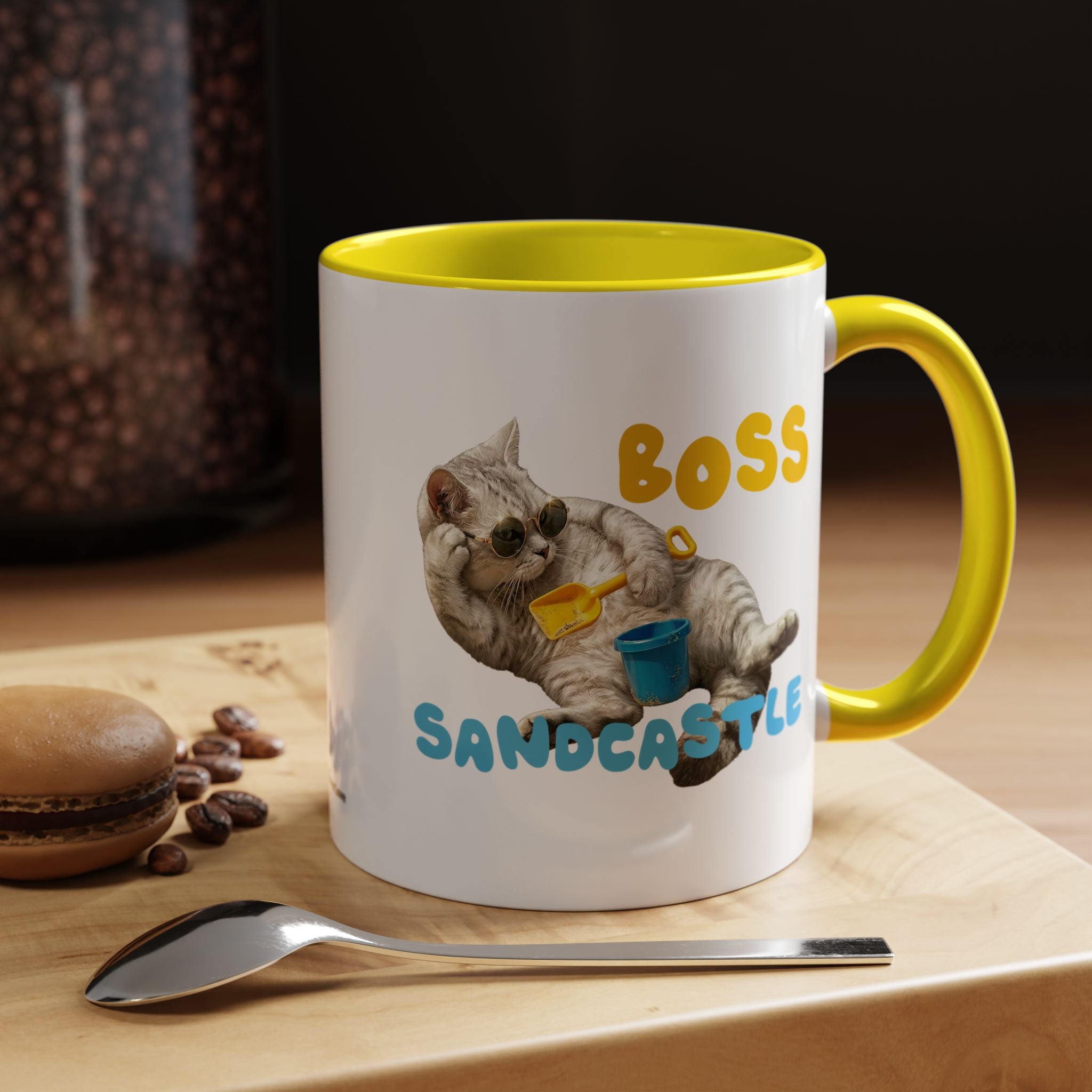 Lustige Sommerkatzen-Tasse | Personalisierte Strandkatzen-Kaffeetasse mit individuellem Text
