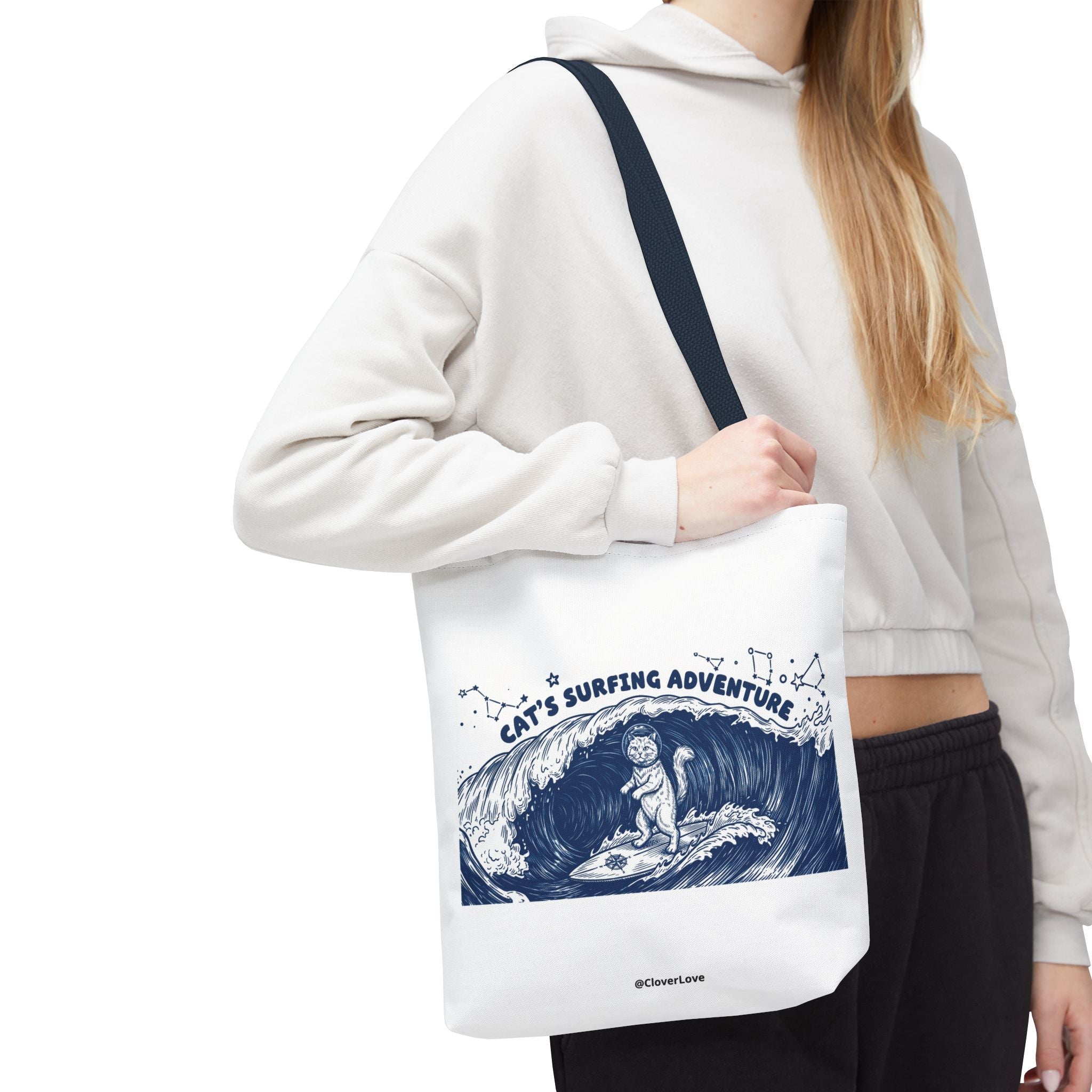 Cat's Surfing Adventure Tote Bag | Vintage Ocean Graphic Canvas Bag