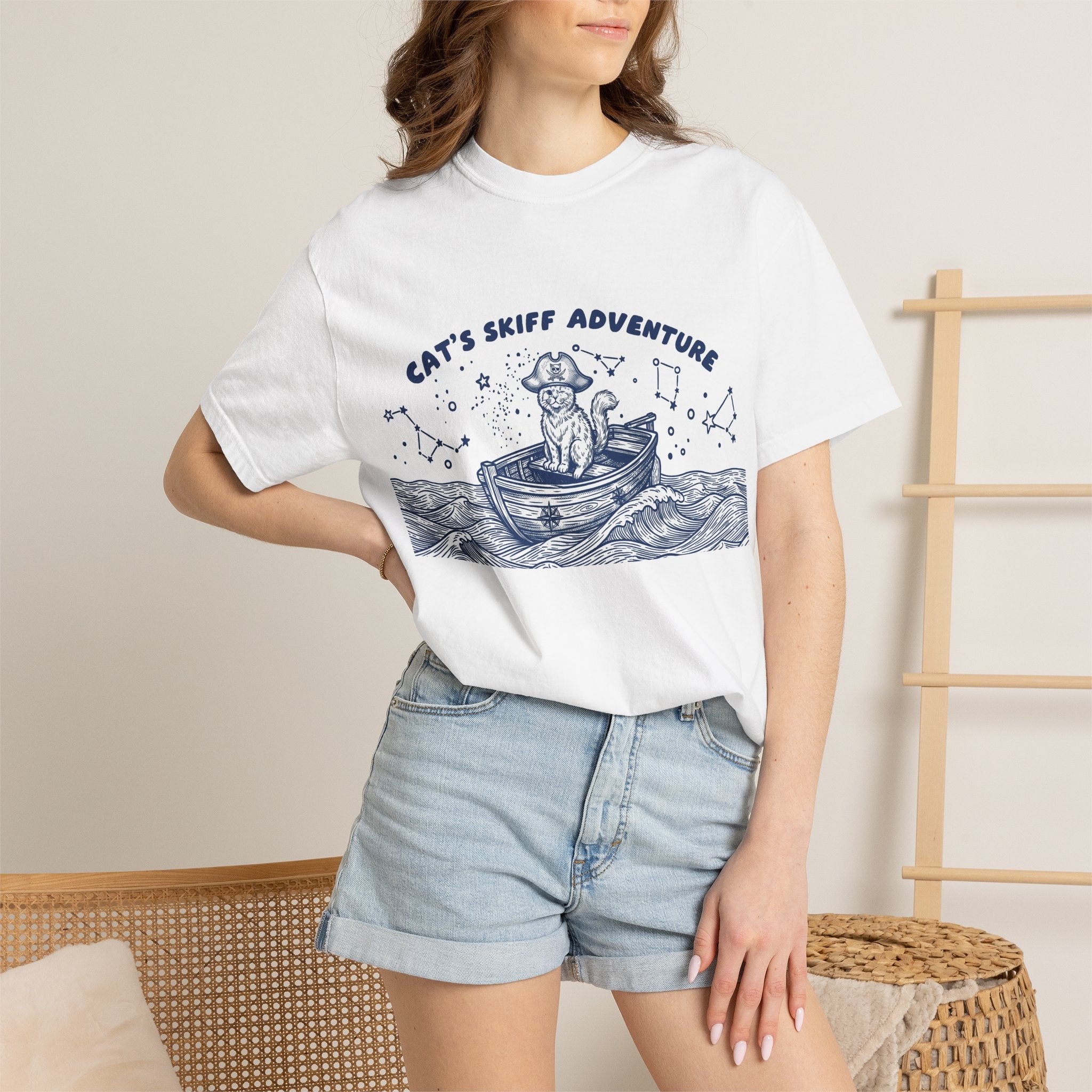Cat’s Skiff Adventure T-Shirt - Vintage Ocean Boat Graphic Tee for Cat Lovers