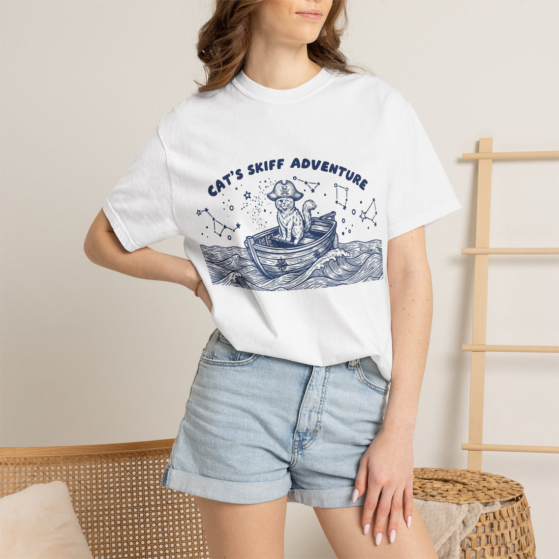 Cat’s Skiff Adventure T-Shirt - Vintage Ocean Boat Graphic Tee for Cat Lovers