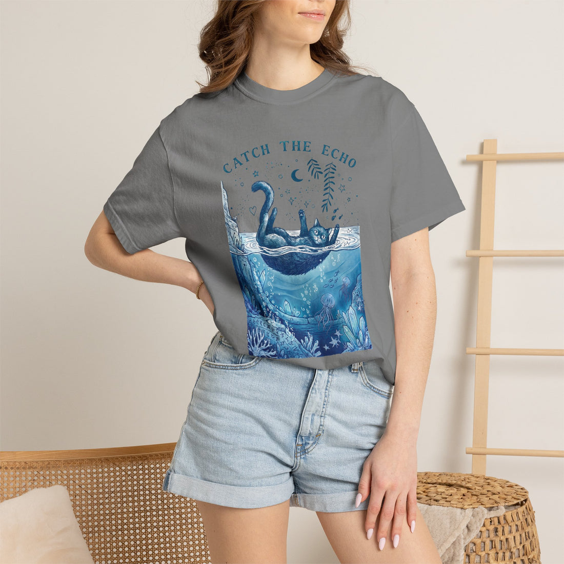 Cat in Ocean Fantasy T-Shirt - Vintage Blue Animal Shirt for Cat Lovers