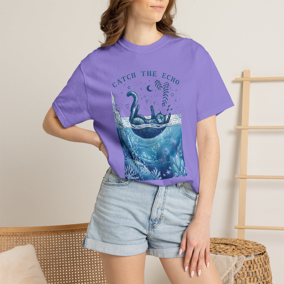 Cat in Ocean Fantasy T-Shirt - Vintage Blue Animal Shirt for Cat Lovers