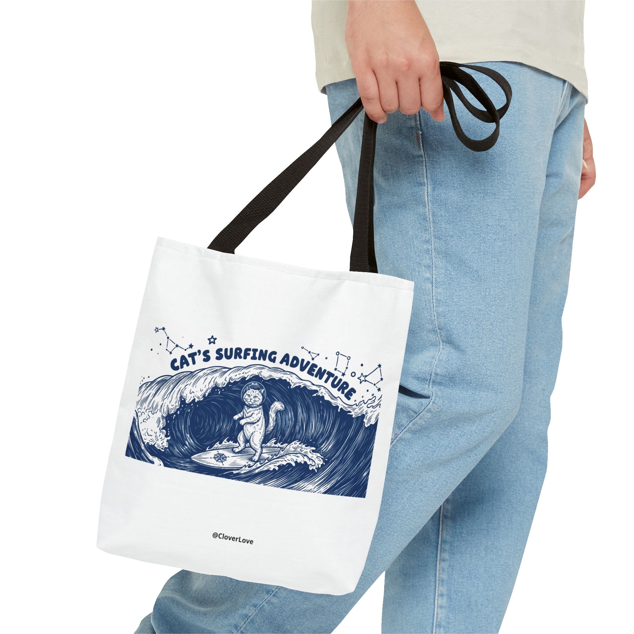 Cat's Surfing Adventure Tote Bag | Vintage Ocean Graphic Canvas Bag