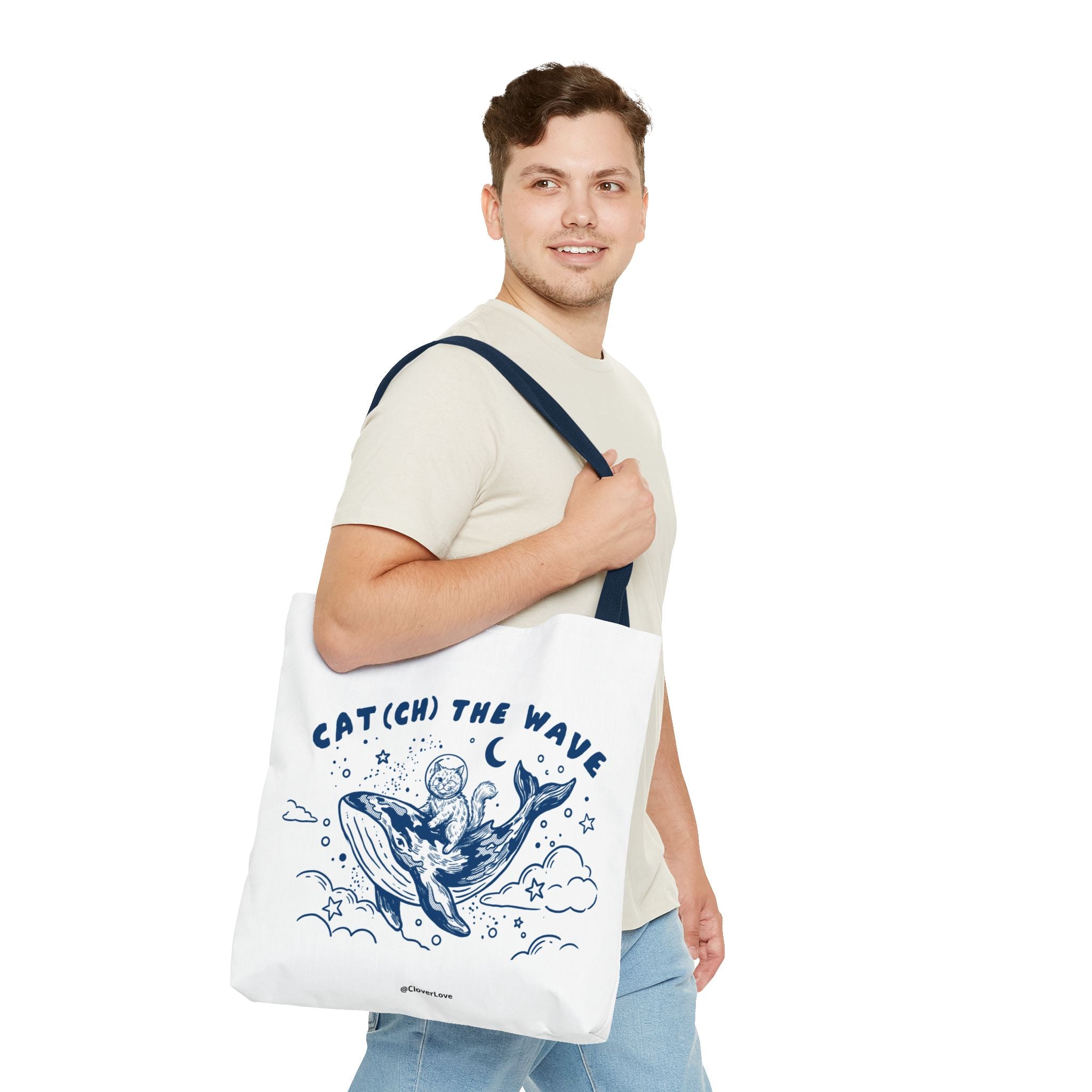 Cat Whale Adventure Tote Bag | Vintage Ocean Graphic Canvas Bag
