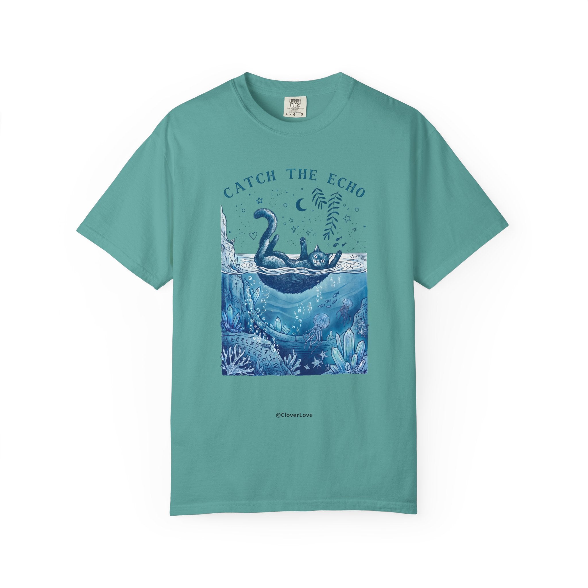 Cat in Ocean Fantasy T-Shirt - Vintage Blue Animal Shirt for Cat Lovers