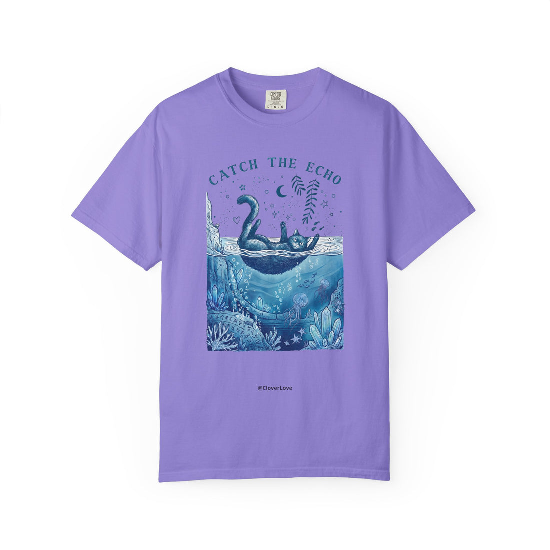 Cat in Ocean Fantasy T-Shirt - Vintage Blue Animal Shirt for Cat Lovers