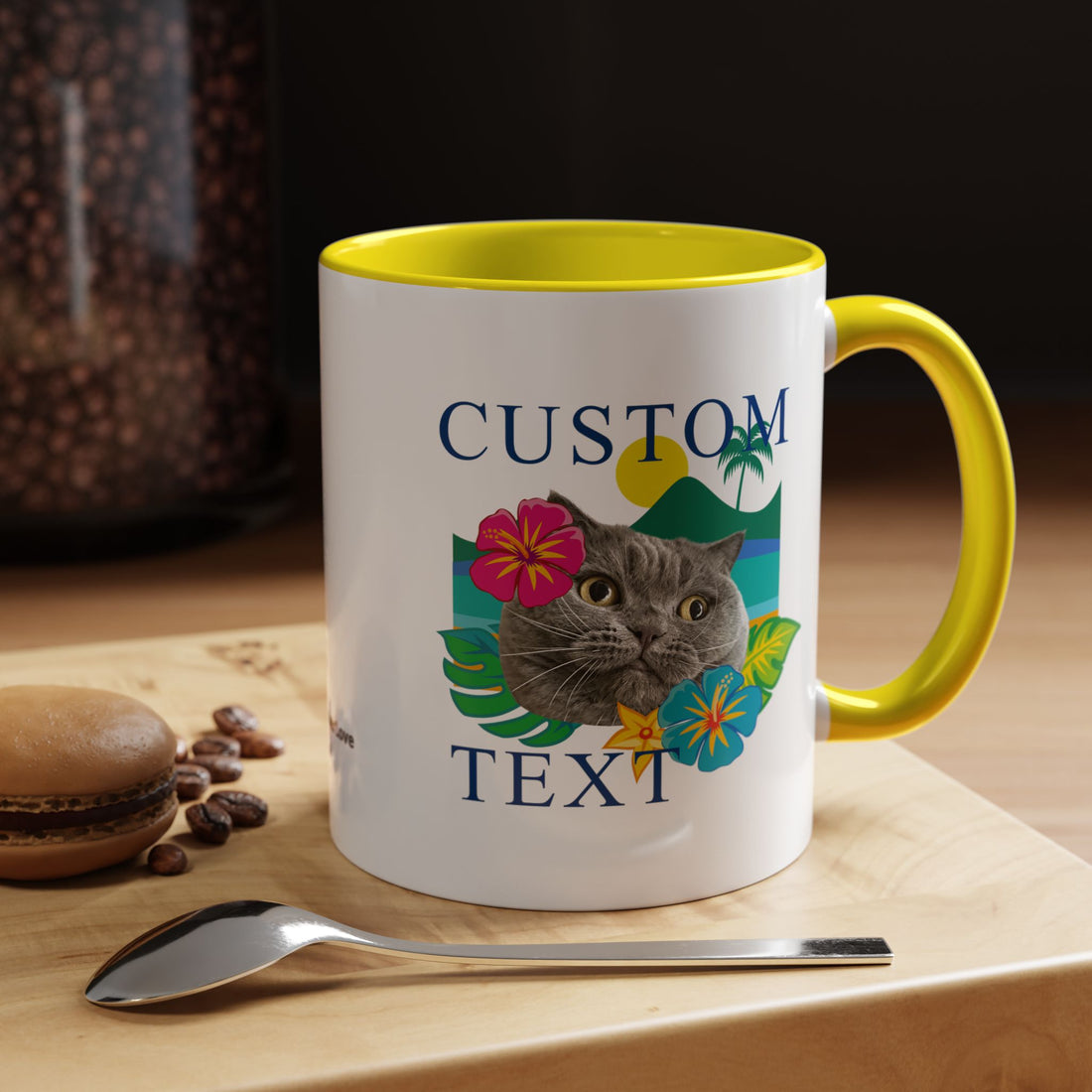 Tropical Summer Cat Mug | Personalized Pet Photo Coffee Cup With Custom Text