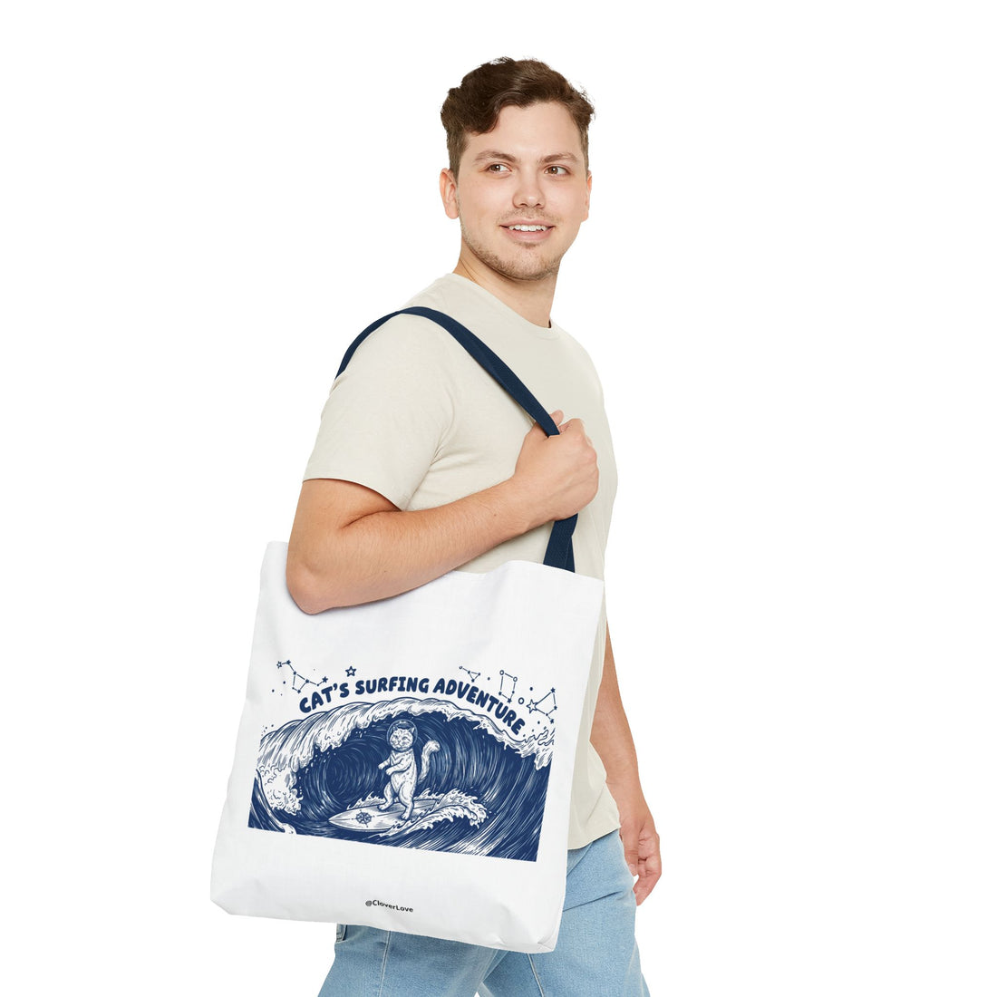 Cat's Surfing Adventure Tote Bag | Vintage Ocean Graphic Canvas Bag
