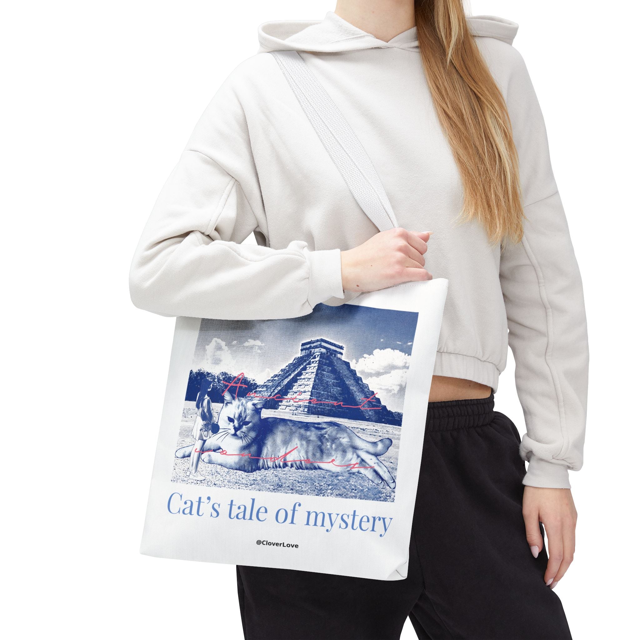 Cat’s Tale of Mystery Travel Tote Bag | Vintage Mexico Pyramid Cat Canvas Tote Bag