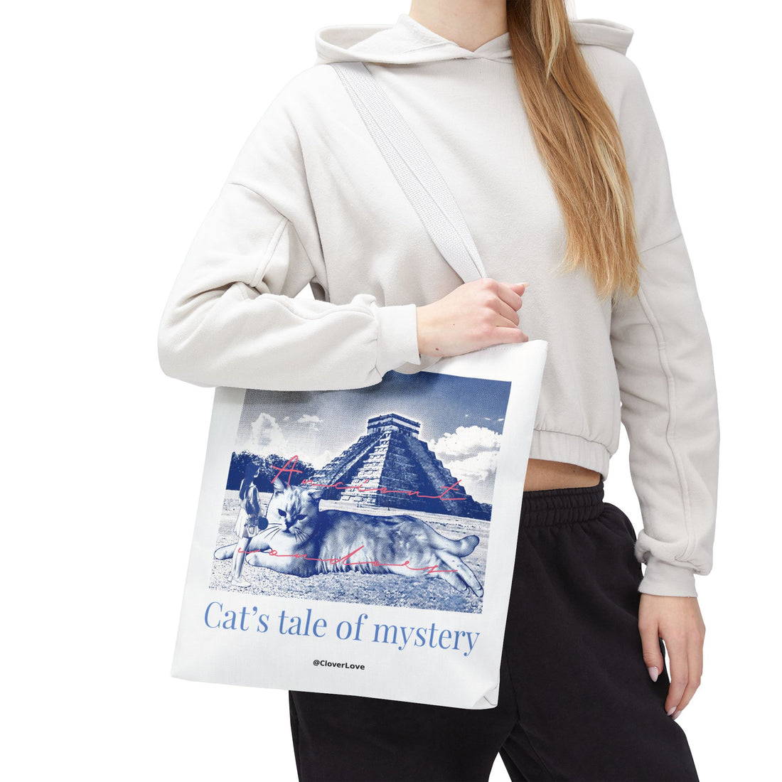 Cat’s Tale of Mystery Travel Tote Bag | Vintage Mexico Pyramid Cat Canvas Tote Bag
