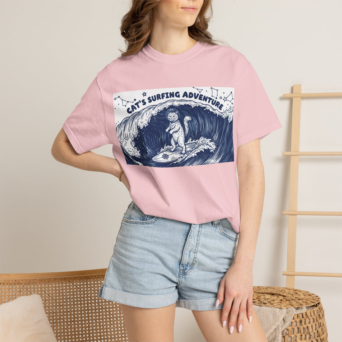 Cat’s Ocean Adventure T-Shirt - Vintage Ocean Wave Graphic Tee for Cat Lovers